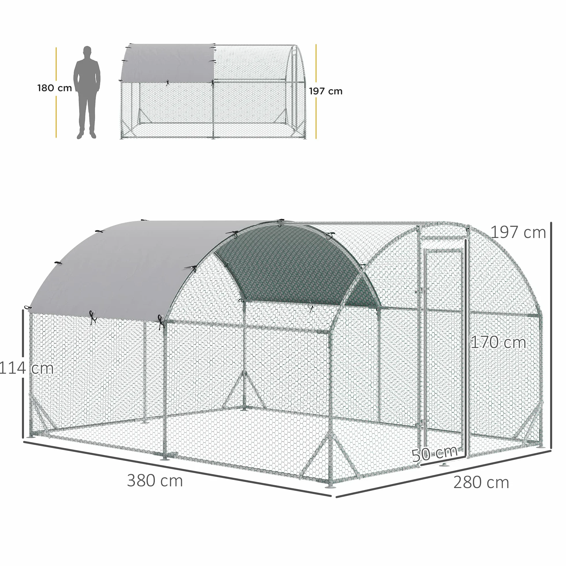 PawHut Gallinero para Exterior Grande 2,8x3,8x1,97 m Jaula para 6-12 Gallinas de Acero Galvanizado con Techo de Tela Oxford Corral y Cerradura para Conejos Aves Plata