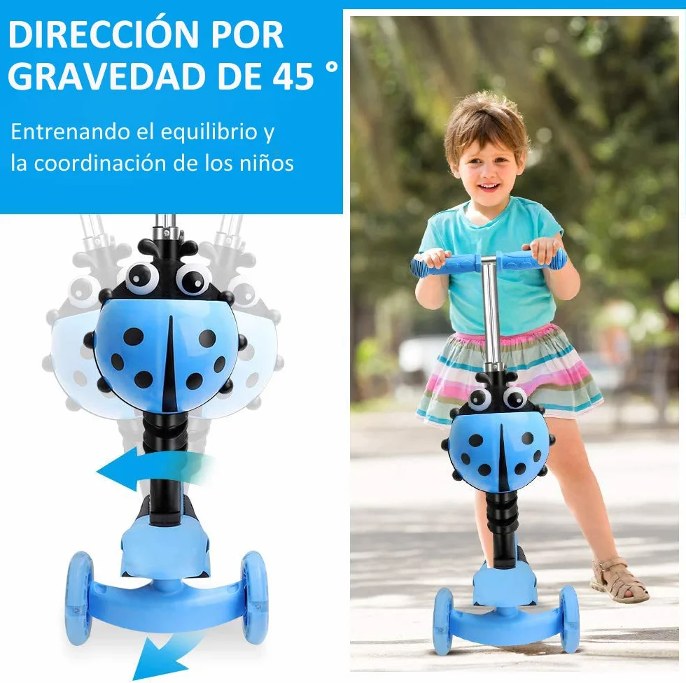 YOLEO Patinete para Niños 5-en-1, 3 Ruedas LED, Manillar Ajustable, Asiento Extraíble, 50 kg, Azul