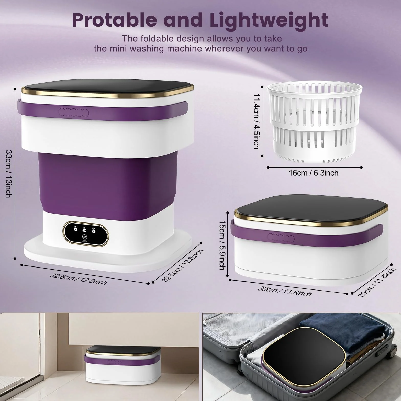 Mini Lavadora Portátil 15L con Centrifugado, 3 Modos de Limpieza Plegable para Ropa Pequeña, Camping, Apartamentos (Morado)