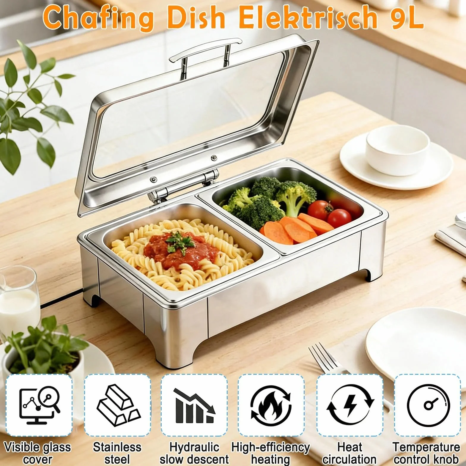 Chafing Dish Eléctrico 9L Acero Inoxidable con Tapa Transparente, Calentador de Comida para Buffet y Fiestas (1/2 Pan)