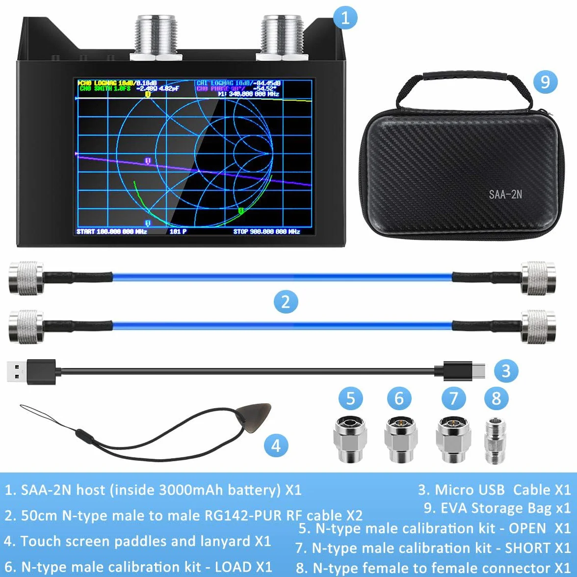 AURSINC NanoVNA SAA-2N V2.2 Analizador vectorial de redes, 50KHz-3GHz 4" Pantalla táctil HF VHF UHF Analizador de antenas VNA, Medición de parámetros S, dúplex, VSWR, fase, retardo