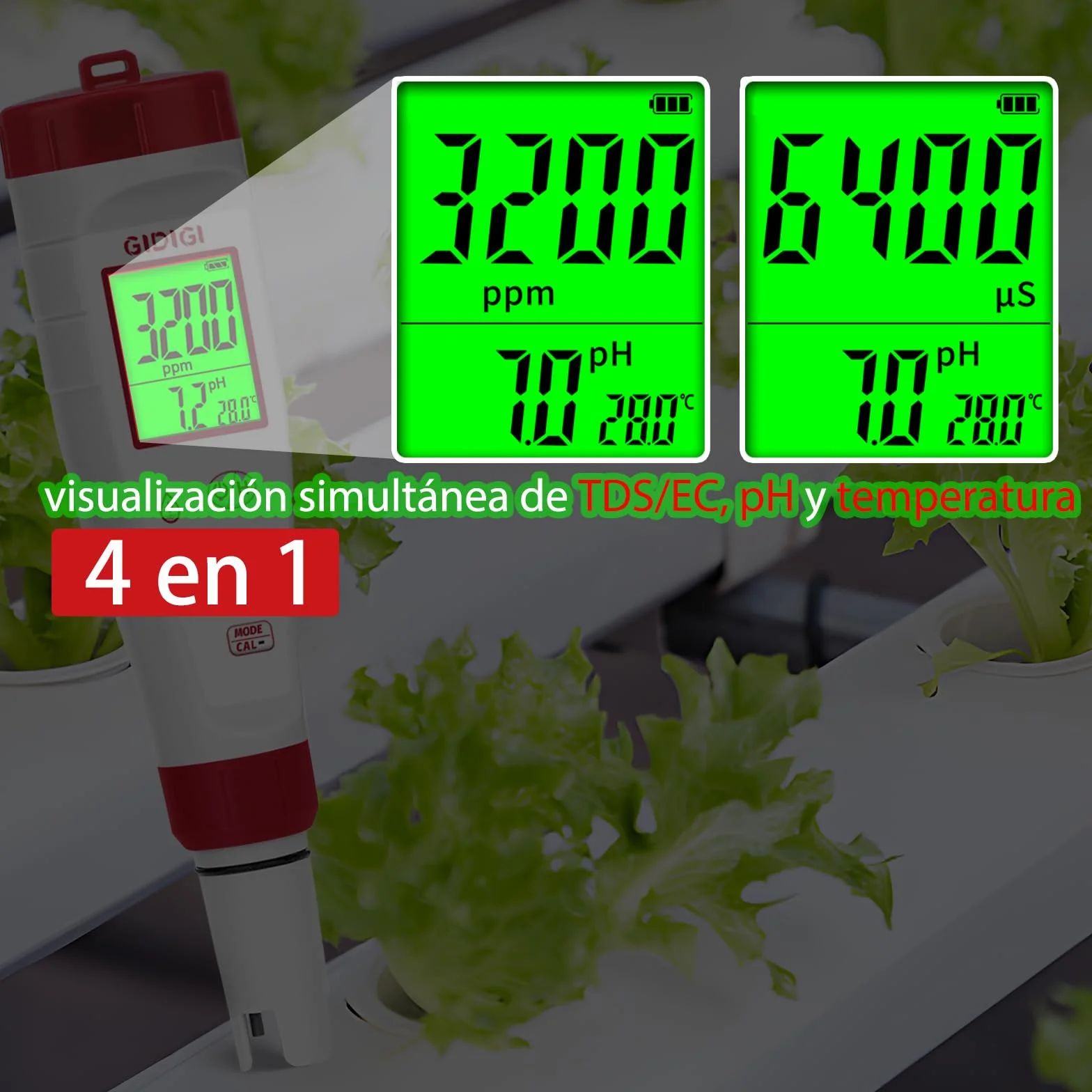 Medidor TDS pH EC 4 en 1 ph-metro para agua potable hidroponía acuario