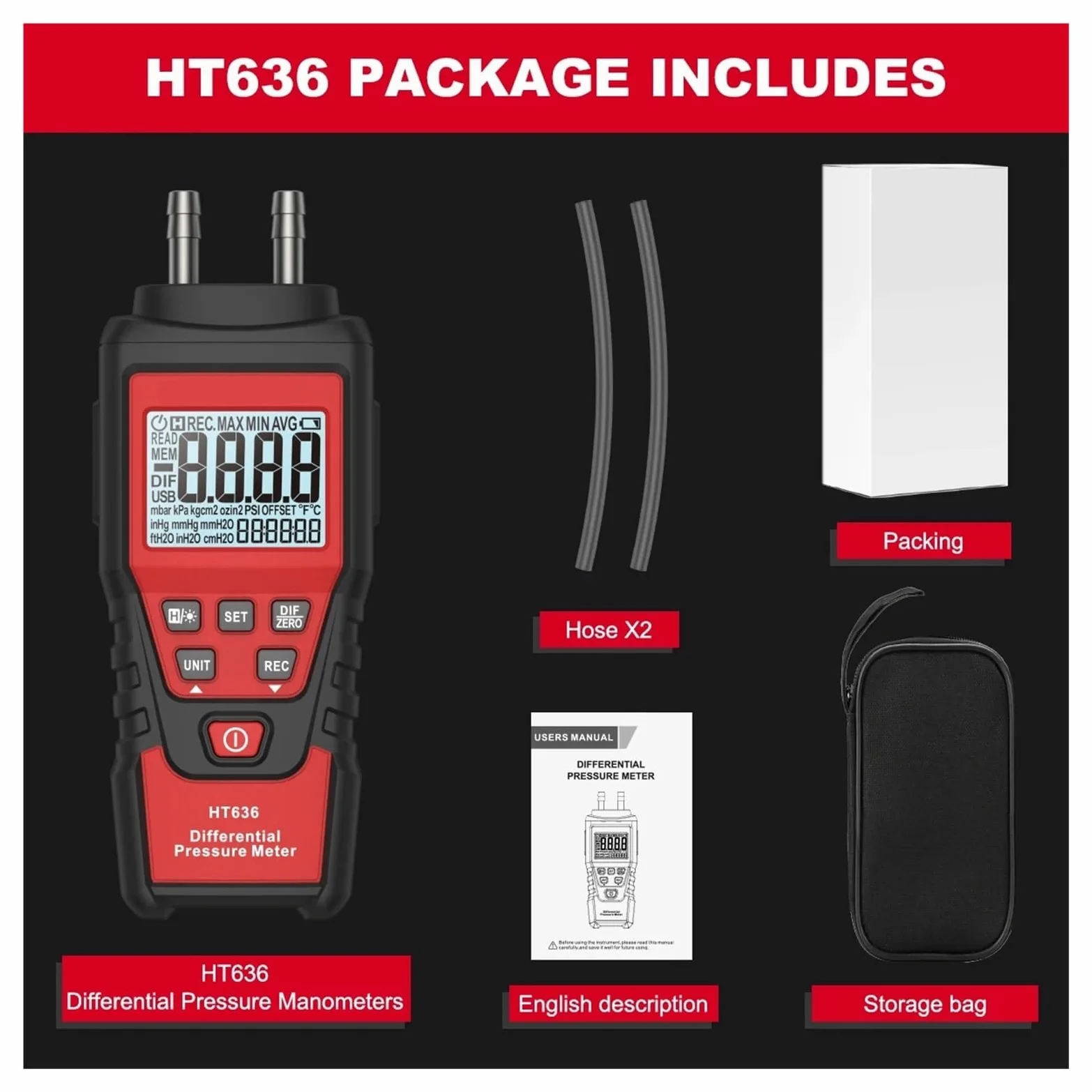 HT636 Manómetro digital de presión diferencial pantalla LCD servicio HVAC | Mide presión diferencial de aire para conductos HVAC, filtros, ventilación y diagnóstico