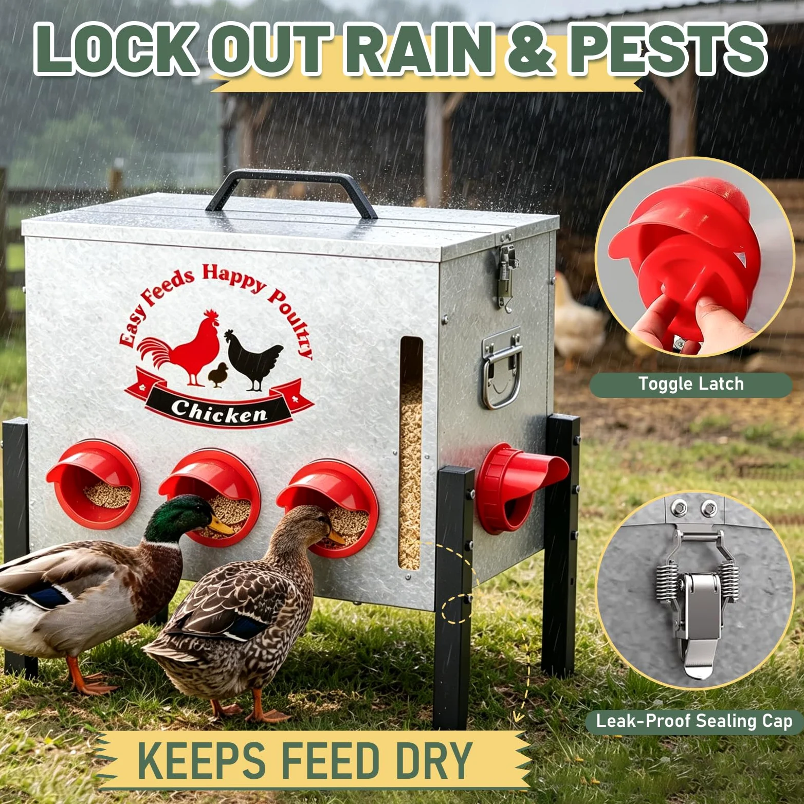 Comedero automático para gallinas de 25 kg con 8 orificios de alimentación, ventana, tapa con cierre, altura ajustable, resistente a las ratas, almacenamiento de alimentos para pollos, patos, gansos