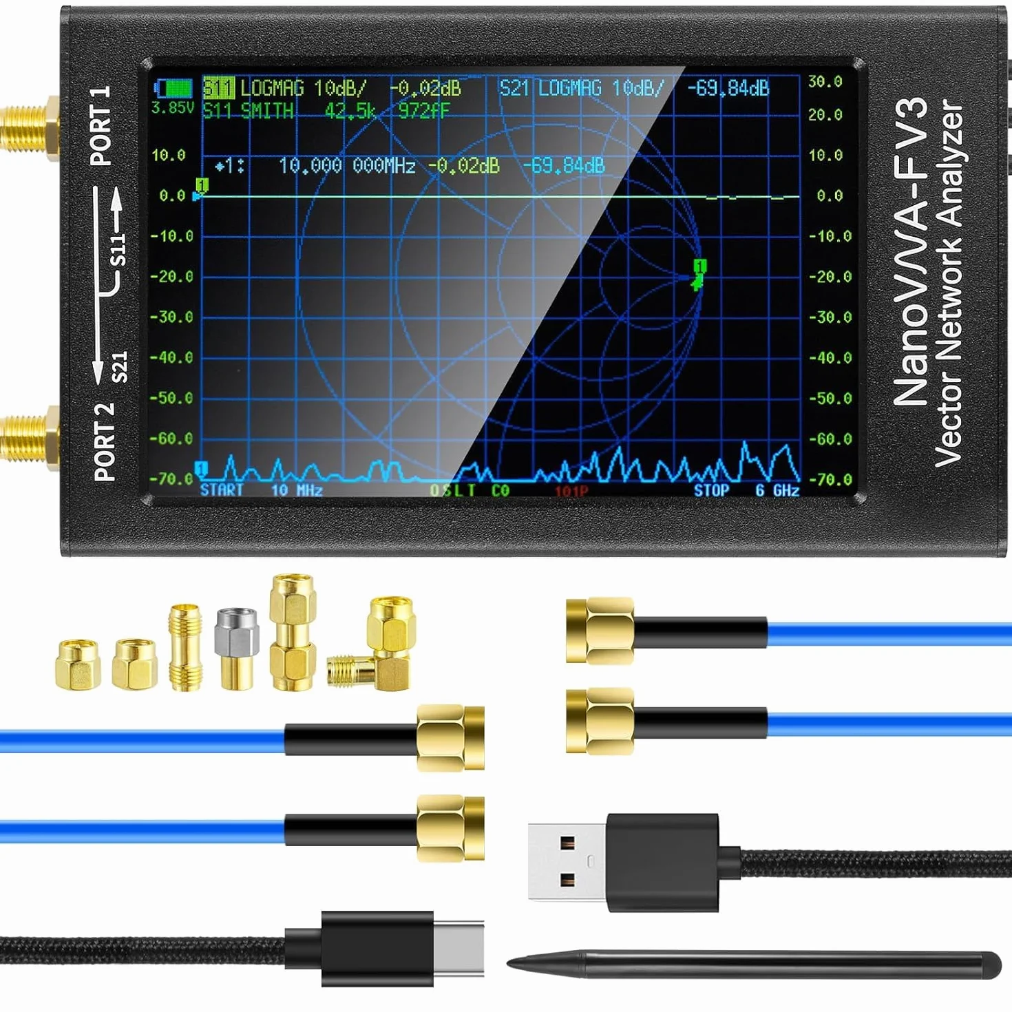 AURSINC NanoVNA-F V3 Analizador De Redes Vectoriales 4.3 1MHz–6GHz Antena Analista Radioaficionado Medición De Parámetros S Relación De Onda Estacionaria De Voltaje SWR, Fase, Retardo