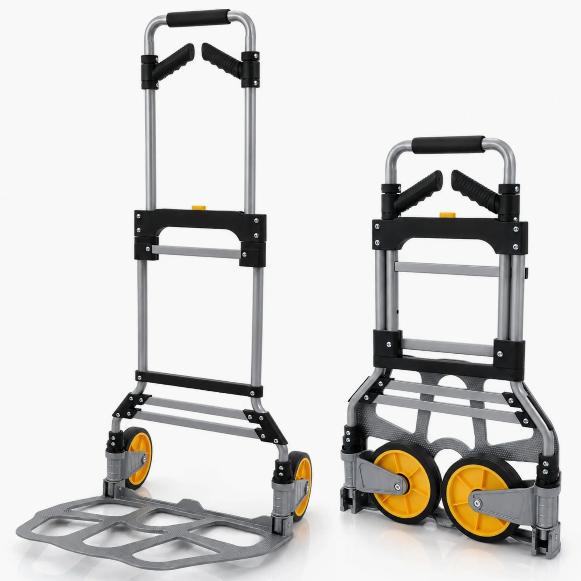 UZIRO Carretilla Plegable con Ruedas de Aluminio, con Mango Telescópico y Soporte Extra, Capacidad de 150 Kg, Plataforma Abatible y 2 Ruedas, Carretilla de Mano Plegable, Carro Transporte Plegable