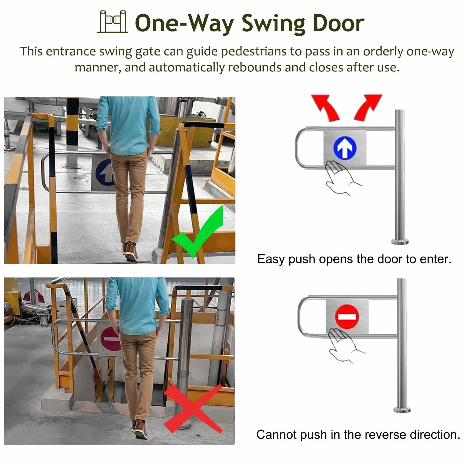 Puerta oscilante de seguridad universal ajustable de acero inoxidable para entradas de supermercados, barrera giratoria unidireccional para mejorar la seguridad y soluciones de control de multitudes