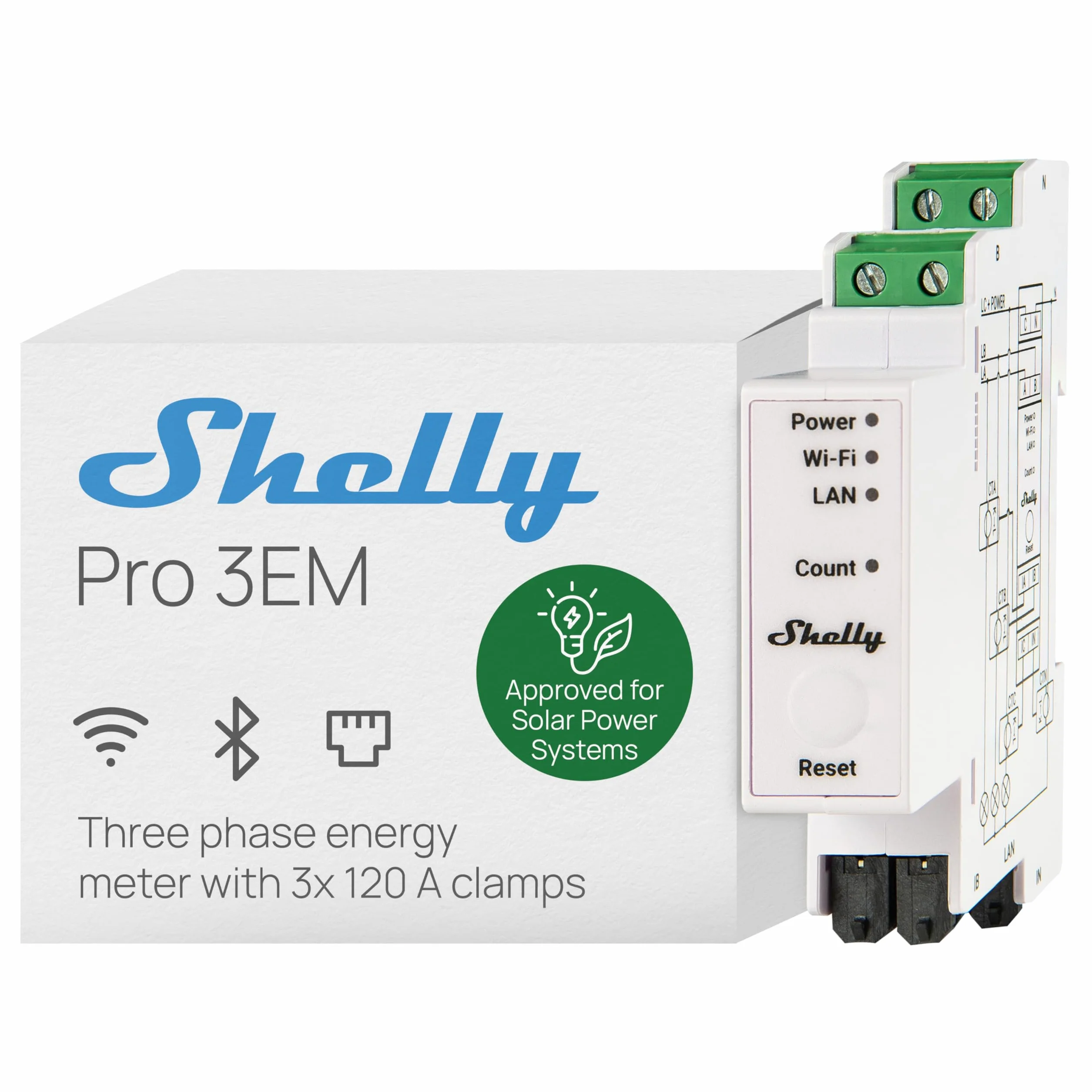 Shelly Pro 3EM 120A V2 – Medidor de Consumo Trifásico en Carril DIN 100-260 V, Matter, Wi-Fi, LAN y Bluetooth, Sin Hub Requerido, 3 CTA x120A, Medición Fotovoltaica Bidireccional, Historial 60 Días