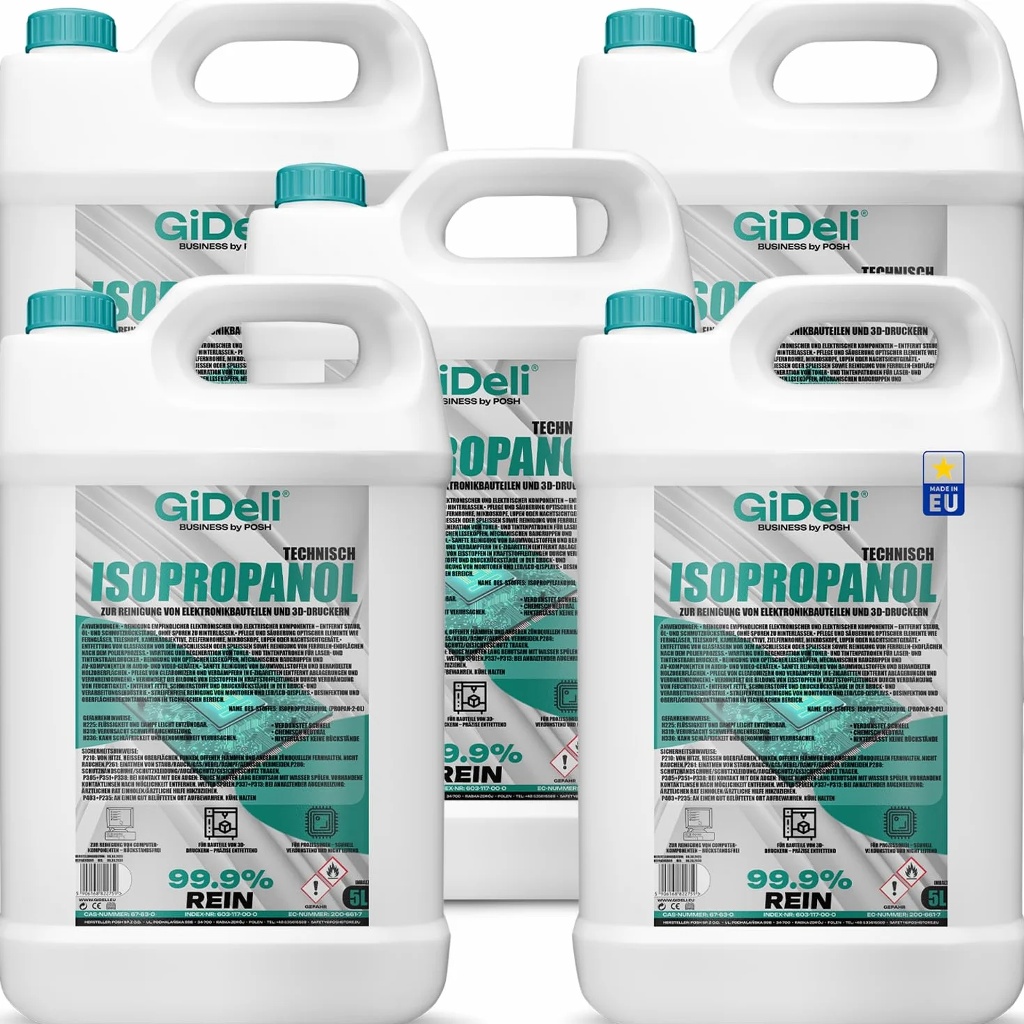 GiDeli Isopropanol Técnico 5x 5l - Alcohol isopropílico 99,9% - Limpieza de componentes electrónicos y accesorios de impresora 3d