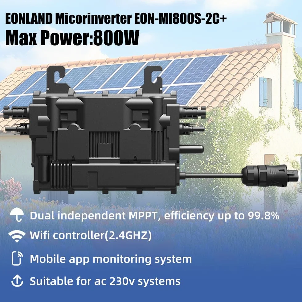 EON-MI800S Microinversor de 800W, Dual MPPT, 16–60V DC, Control de la aplicación Mediante Wi-Fi, Plug & Play, IP67, Certificado VDE, Ligero, Ideal para Sistemas solares de balcón