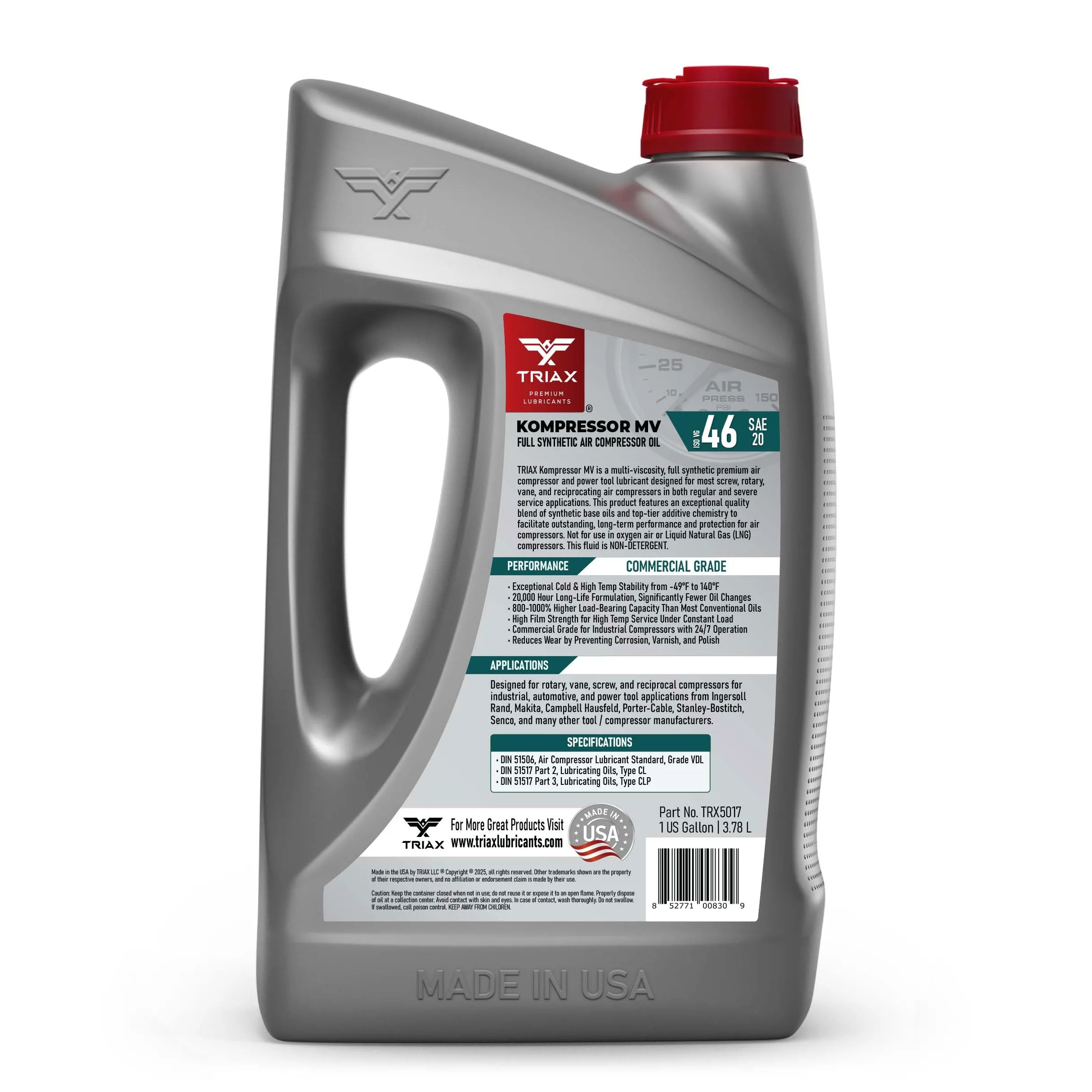 Triax Kompressor MV ISO 46, Multi Viscoso, aceite totalmente sintético para compresores de aire rotativos, de paletas, de tornillo, recíprocantes, alta temperatura, 20.000 horas (1 galón/3.78 l)