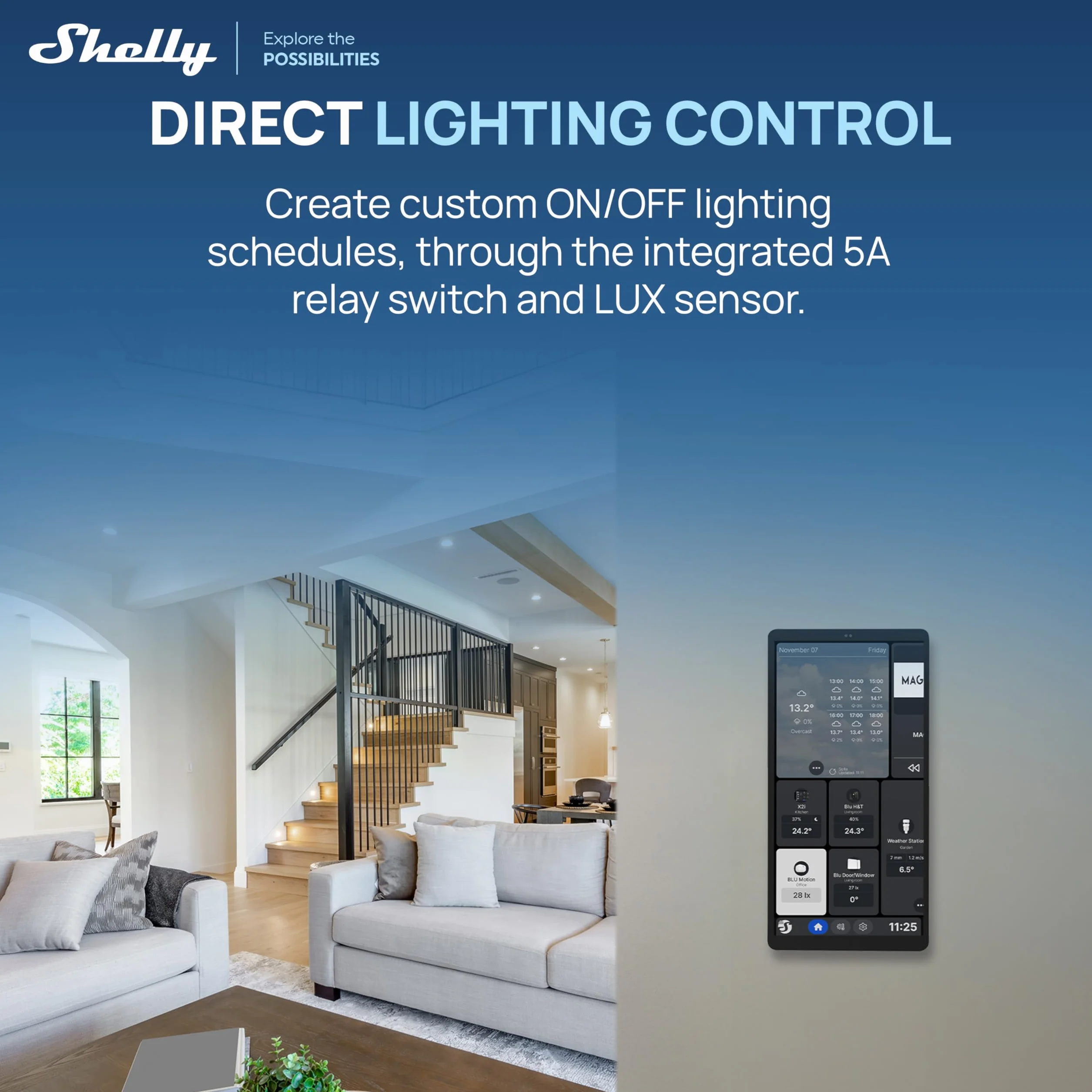 Shelly Wall Display X2i Negro – Panel de control para el hogar inteligente, Pantalla tàctil 6,9”, Wi-Fi y Bluetooth, Control inalámbrico dispositivos inteligentes, Relé 5A, Compatible Home Assistant