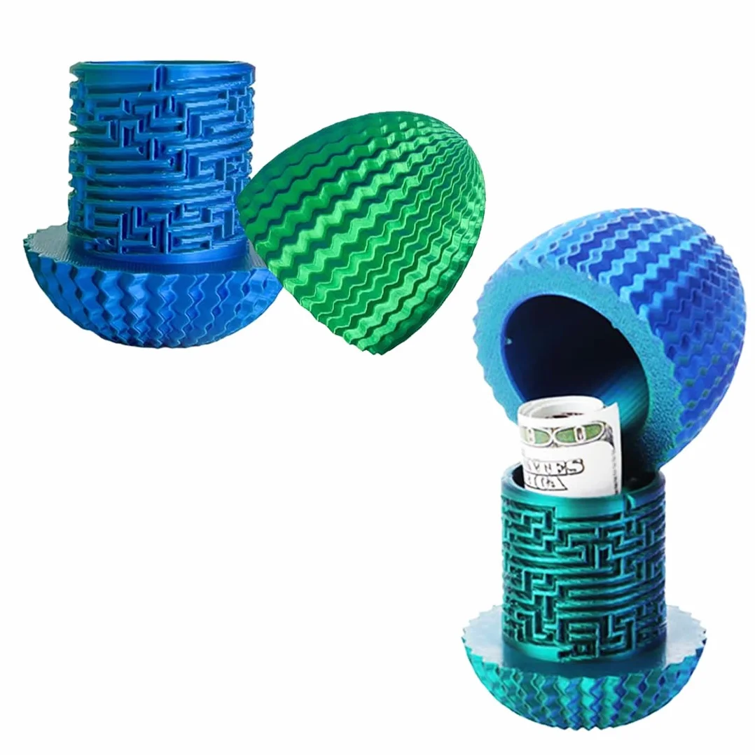 YAYNO Caja Misteriosa Enigma Laberinto Ovalado Dinero Impresa 3D Azul-Verde Compartimento Secreto Cilindro Código Entrenamiento Concentración Pascua
