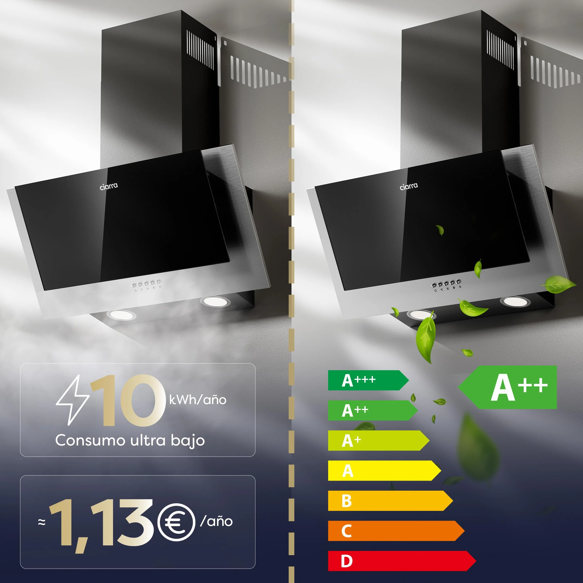 CIARRA Campana Extractora 60cm Clase A++ 350m³/h 3 Velocidades Acero inoxidable