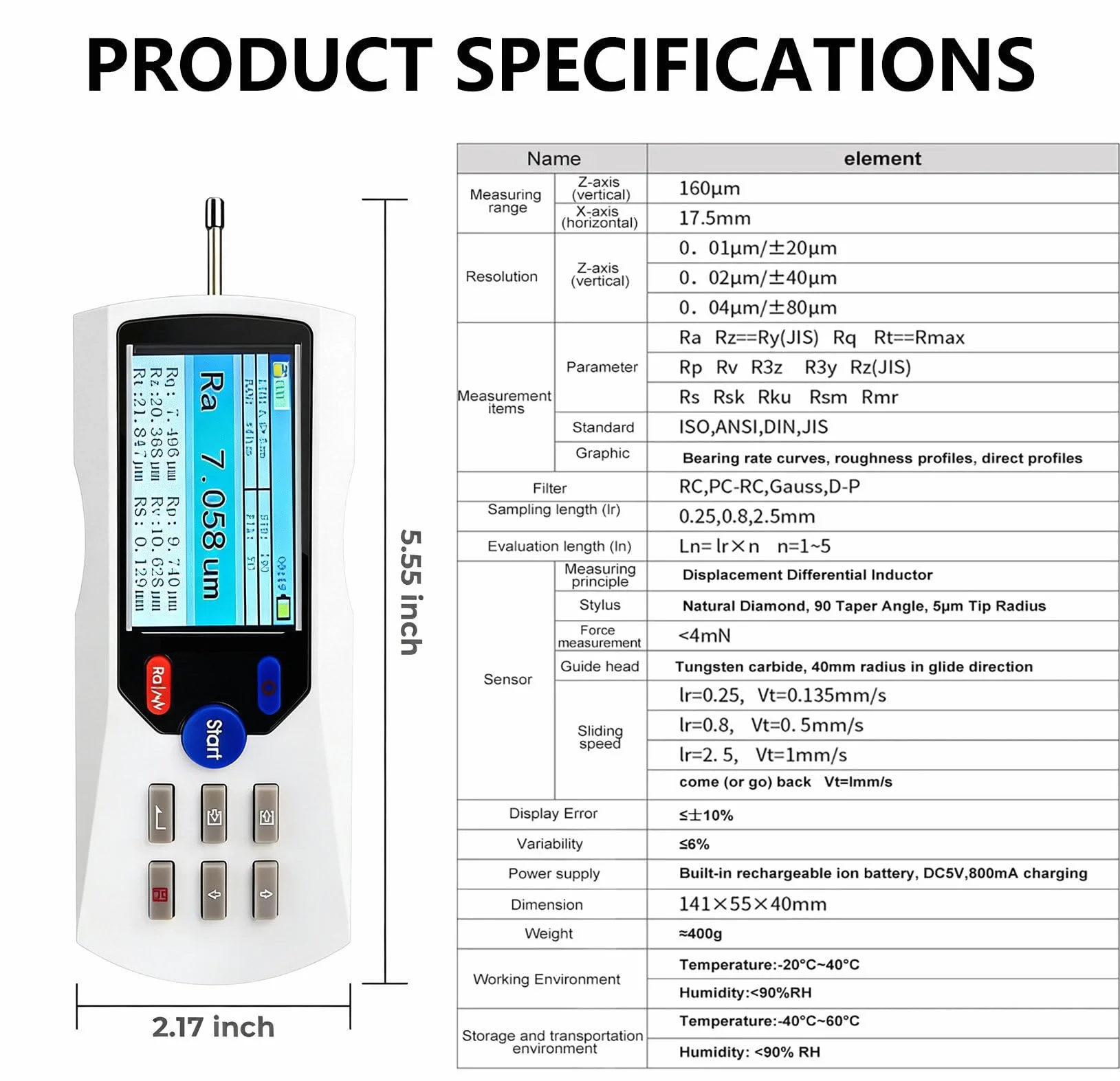 Rugosímetro, Medidor de Superficie Digital Portátil con 13 Parámetros, Medidor de Rugosidad de Alta Precisión de 0,001 μm, con App y Bluetooth, para una Medición de Superficies Precisa