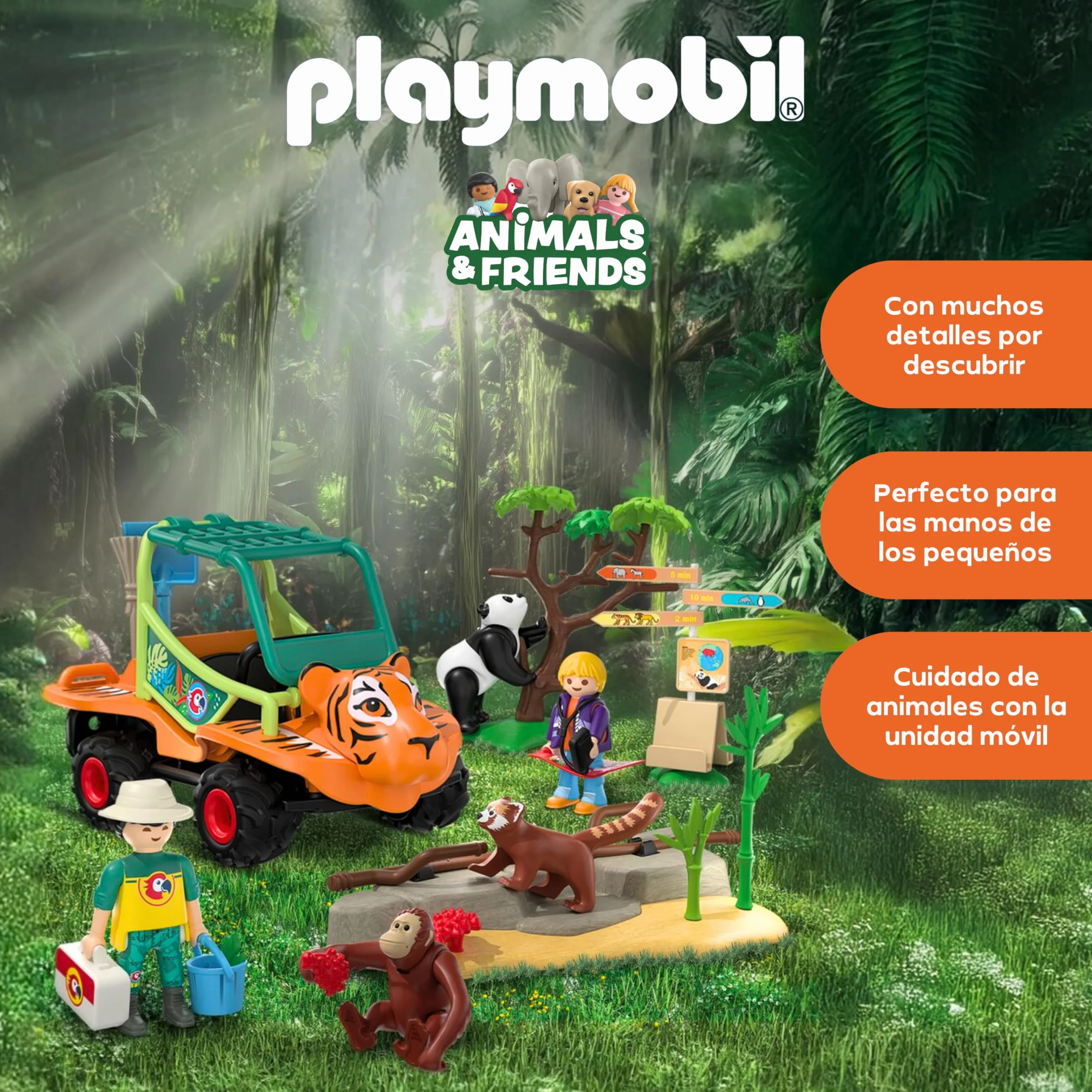 PLAYMOBIL Zoo Vehículo del Cuidador Cabeza de Tigre 3 Animales Juguete 4 años 72072