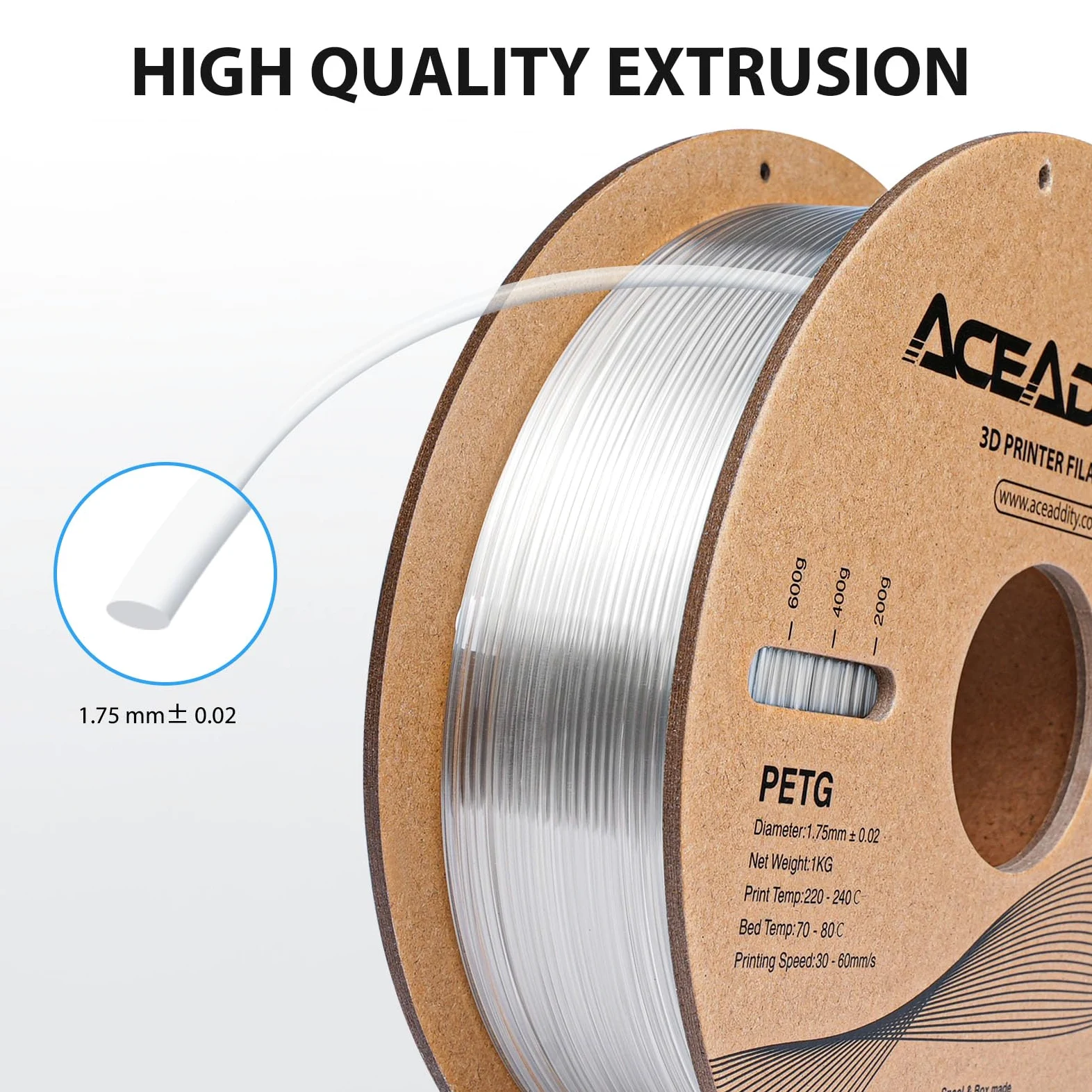 Filamento de PETG de 1,75 mm PETG de impresión 3D, compatible con la mayoría de impresoras 3D FDM Neptune 2 / Neptuno 3 / Ender 3 / Precisión dimensional ± 0,02 mm, bobina de 1 kg (2 kg)