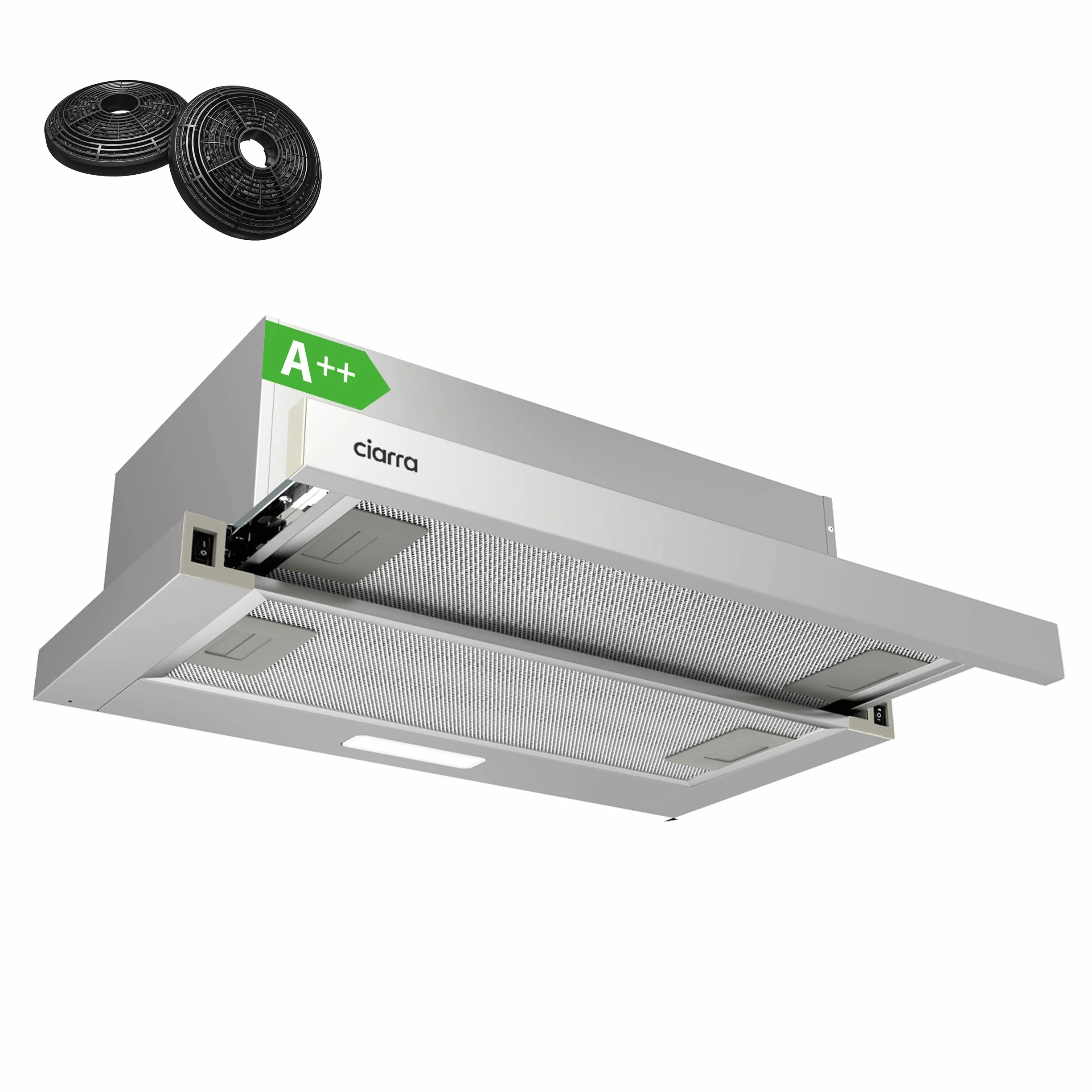 CIARRA AWS6906D Campana extractora plana 60 cm 391 m³/h recirculación filtro carbón activo integrada plateado
