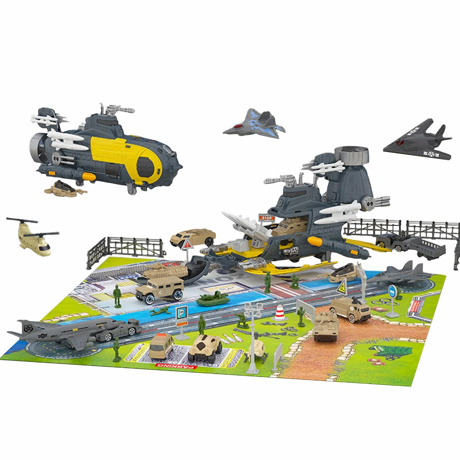 Submarino Militar Juguete Marino con 18 Transportes, Alfombrilla de Juego y Avión Portaaviones para Niños 3+