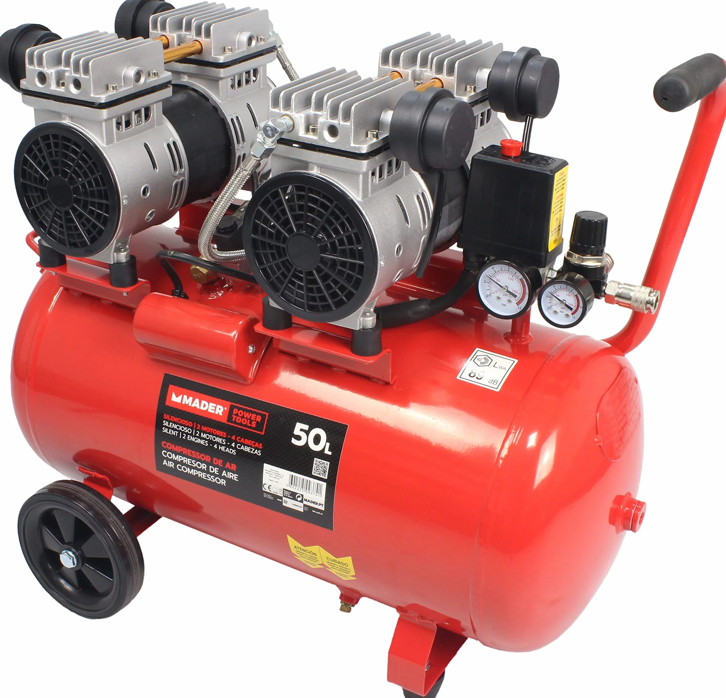 MADER POWER TOOLS Compresor de Aire Monobloco, 50L, 4HP, 4 Cabezas, 2 Motores, 09374