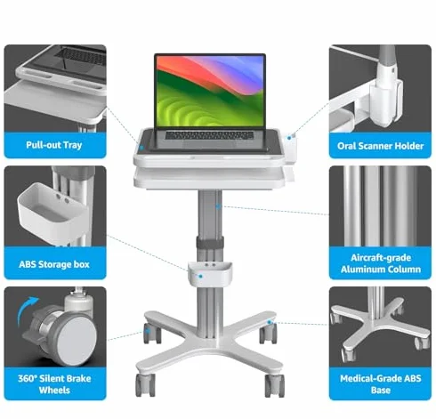 Carro médico con soporte para monitor y soporte para escáner oral, carrito dental ajustable con ruedas de bloqueo de 360° para hospitales, dentales y salones de belleza