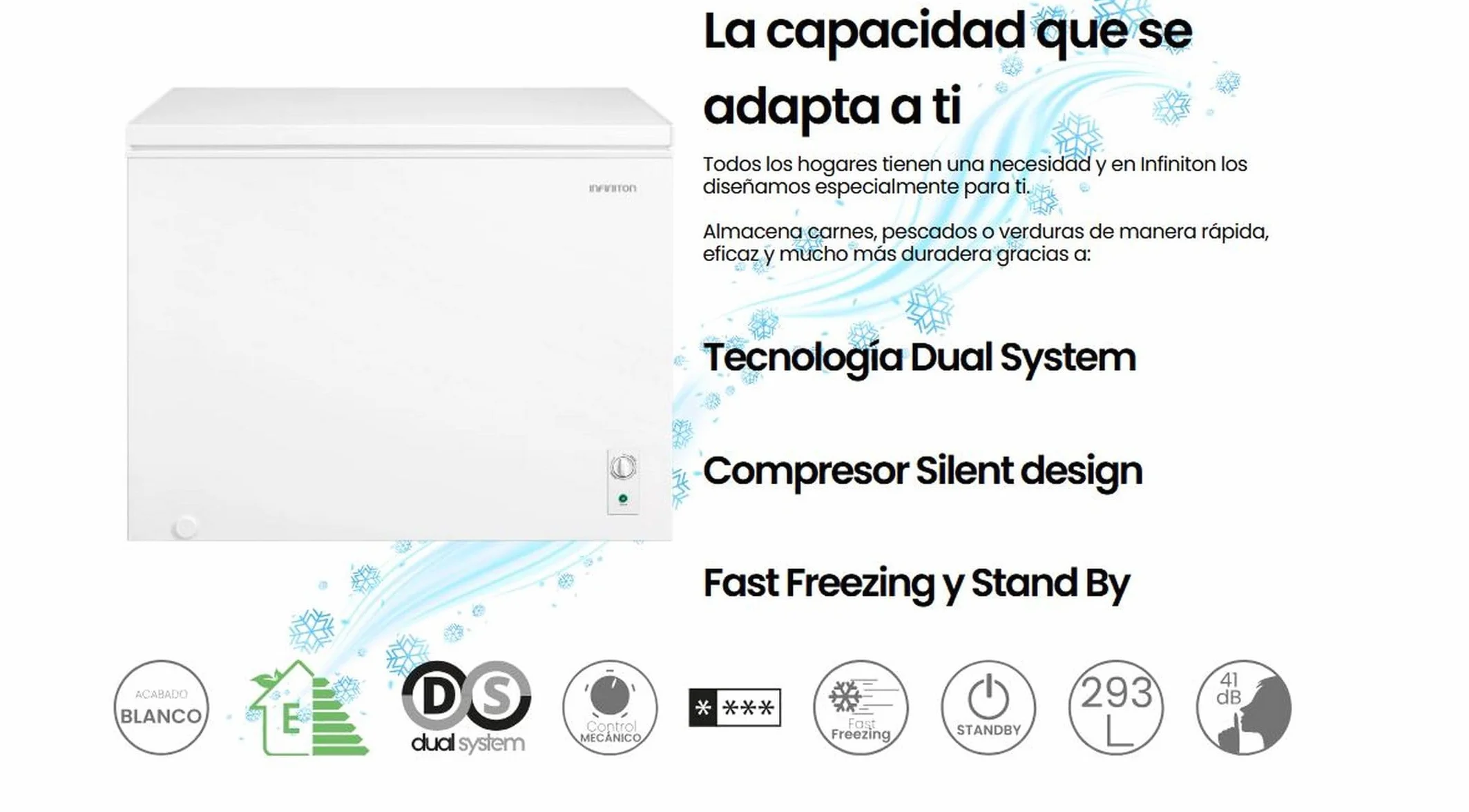 INFINITON Arcon Congelador CH-30H85BEH 293L FAST FREEZING STAND BY Blanco Compresor Silent design