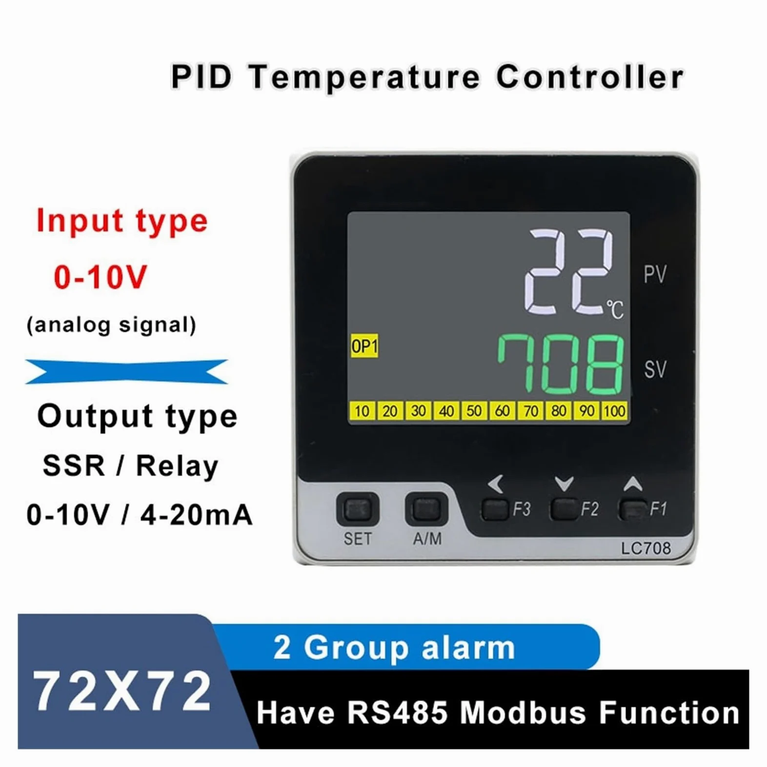 Controlador de Temperatura Controlador de Temperatura Digital PID, relé SSR, Salida 4-20 mA, regulador PID, Entrada 0-10 V, RS485 Modbus, 72 x 72 mm, LC708(4-20mA out 2Alarms)