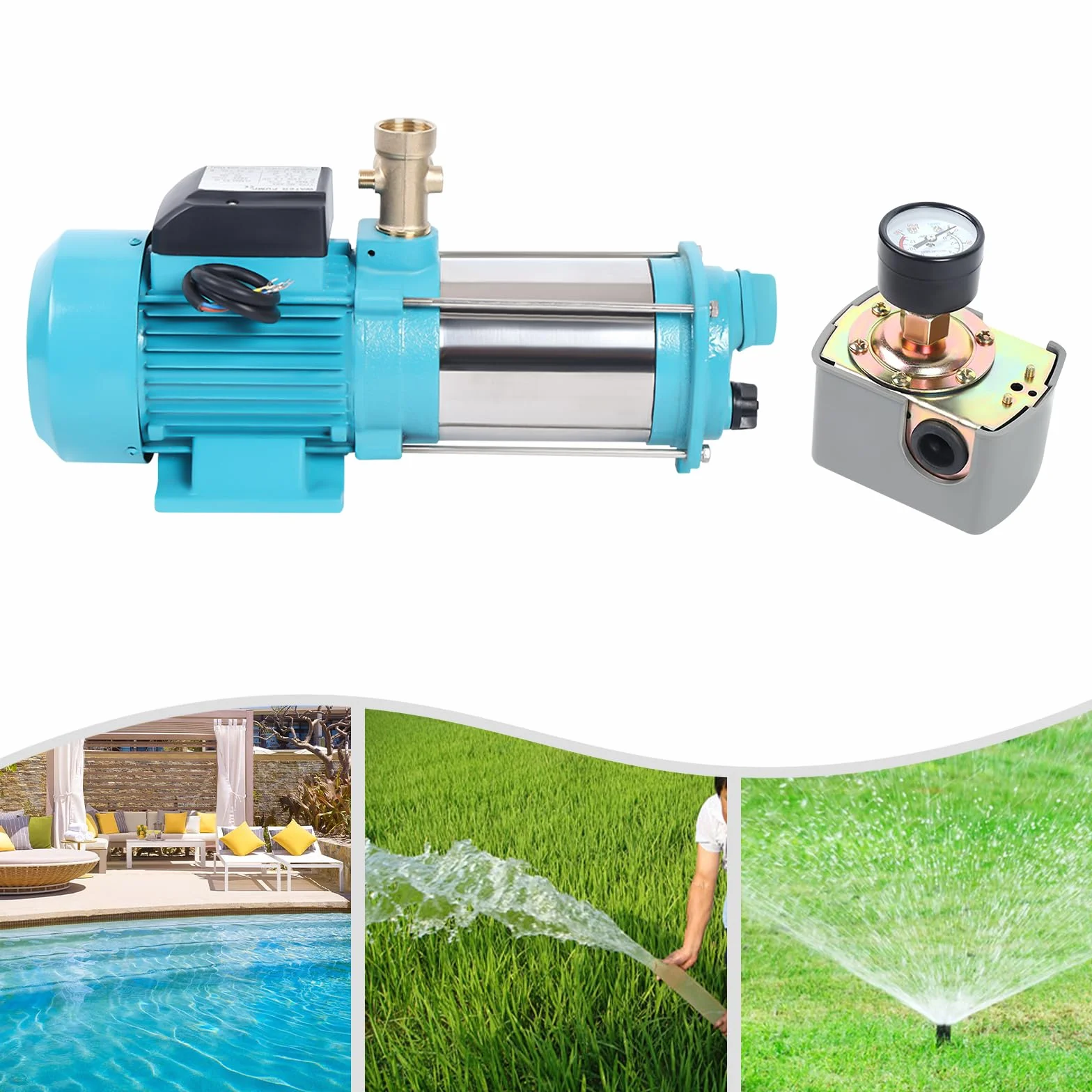 Bomba centrífuga de 1300 W, bomba de agua doméstica, bomba de riego con caudal de 4000 l/h, bomba de superficie autocebante de acero inoxidable