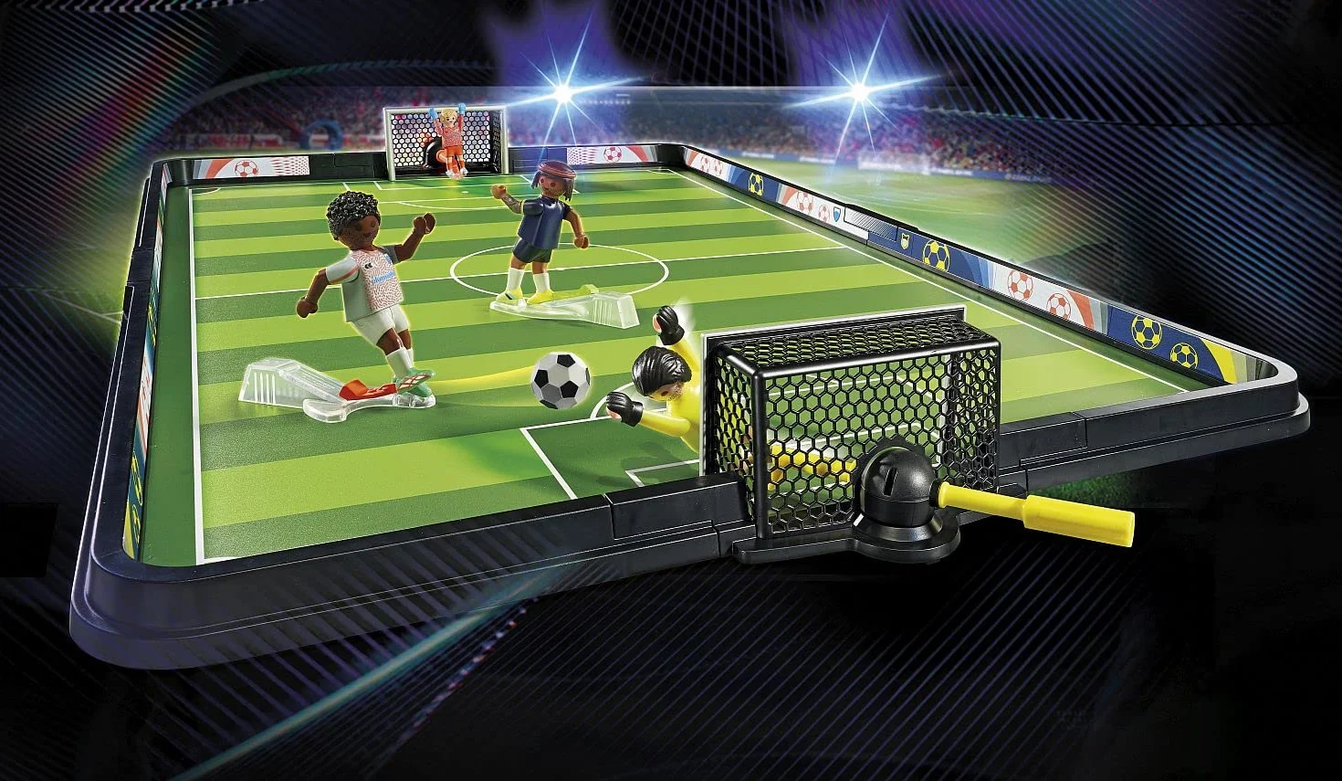 PLAYMOBIL Sports y Action 71120 Campo de fútbol, Futbolín para niños, 2 porteros, 2 futbolistas con función de Patada, 3 balones
