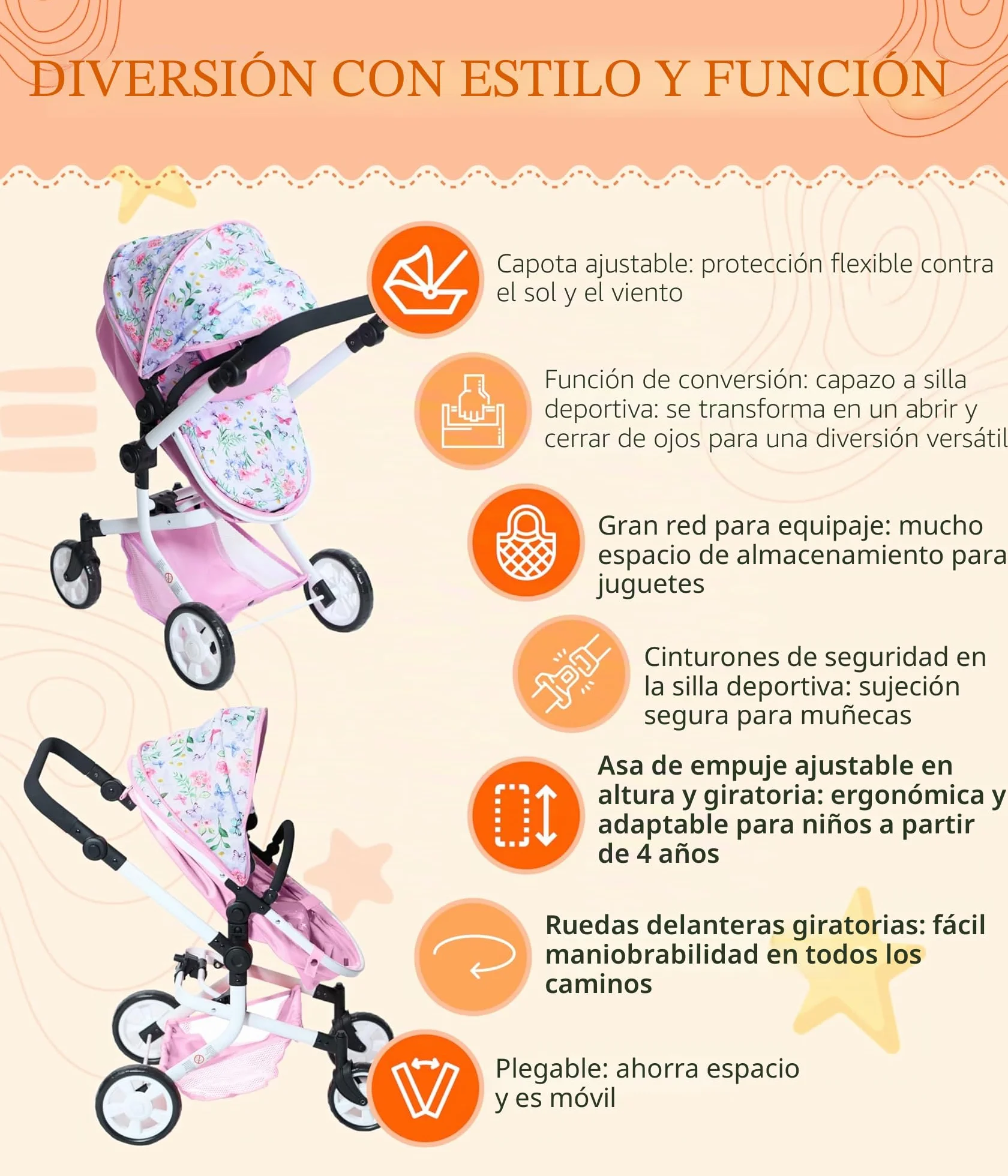 Bayer Chic 2000 Cochecito de muñecas Mika 2 en 1 para muñecas de hasta 52 cm Rosa