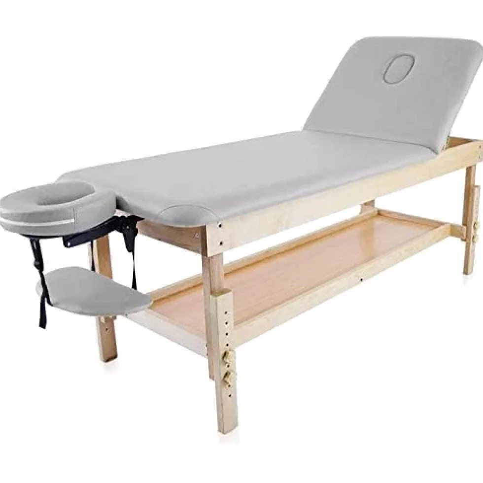 QUIRUMED Camilla Fija de Madera con Respaldo abatible y Bandeja, Color Plata, 186 x 70 cm, Madera, Polipiel, Altura Regulable, Bandeja apoyabrazos, Orificio Facial, hasta 180 kg