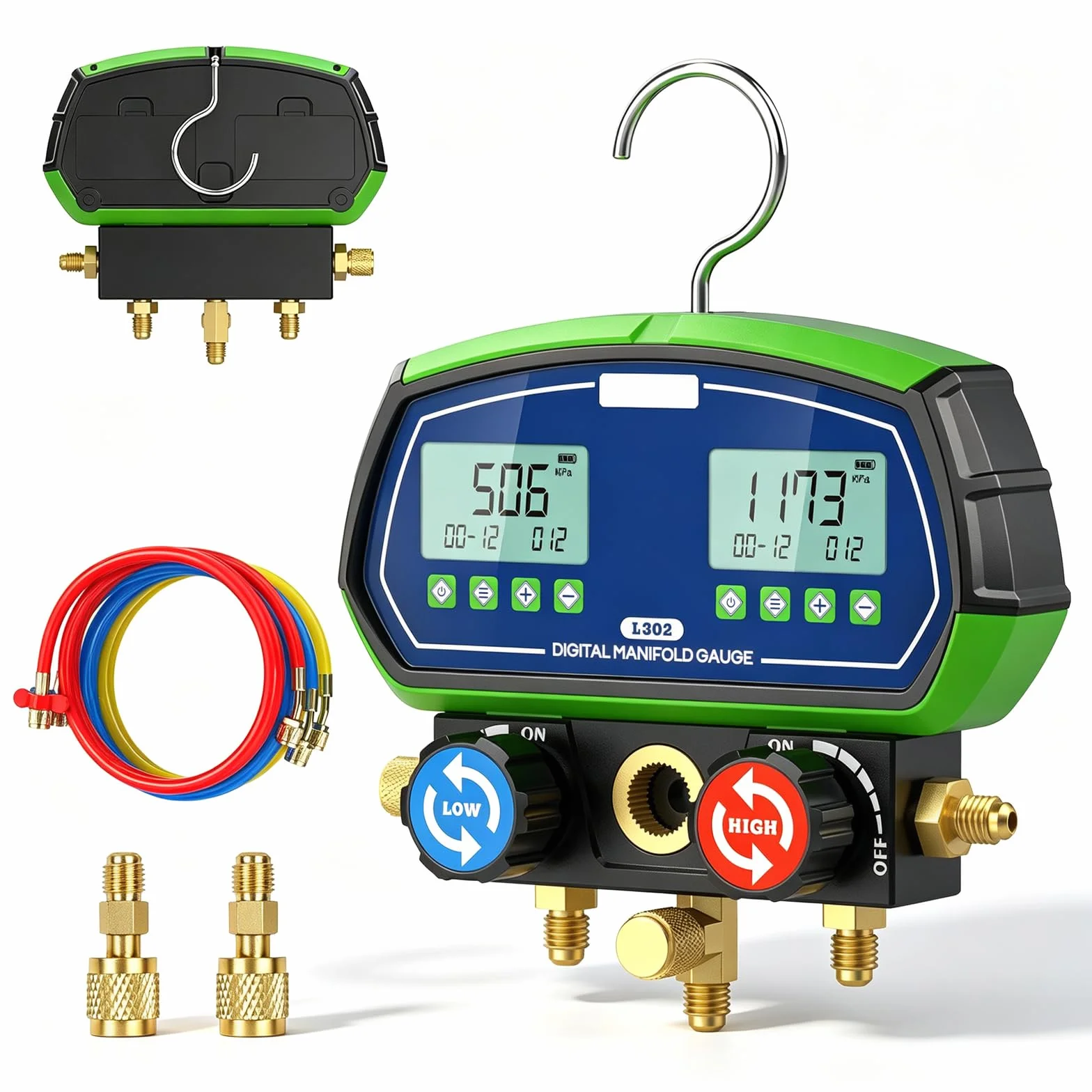 Manómetro Digital de Colector, L302 Indicador de Refrigerante HVAC Medidor de Colector para R32 R134a R410a 90 etc, Terminador Mecánico de Colector Inteligente (L302)