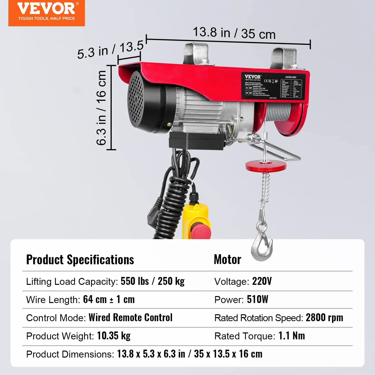 VEVOR Polipasto Eléctrico de Cable 250 kg 510 W 12m