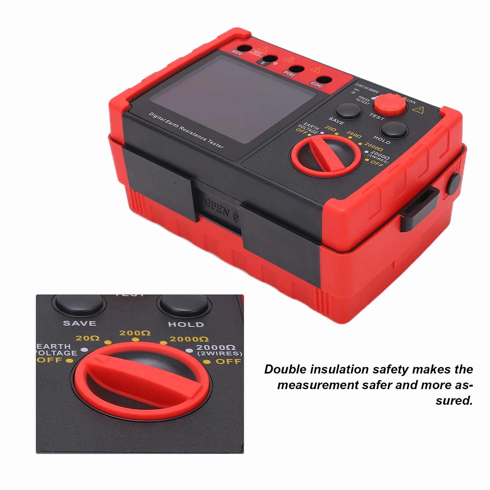 Medidor de Resistencia a Tierra, Medidor de Resistencia a Tierra Digital de 2000 Ω con Pantalla LCD Y Estuche de Almacenamiento, Kit de Probador de Resistencia de Aislamiento Profesional