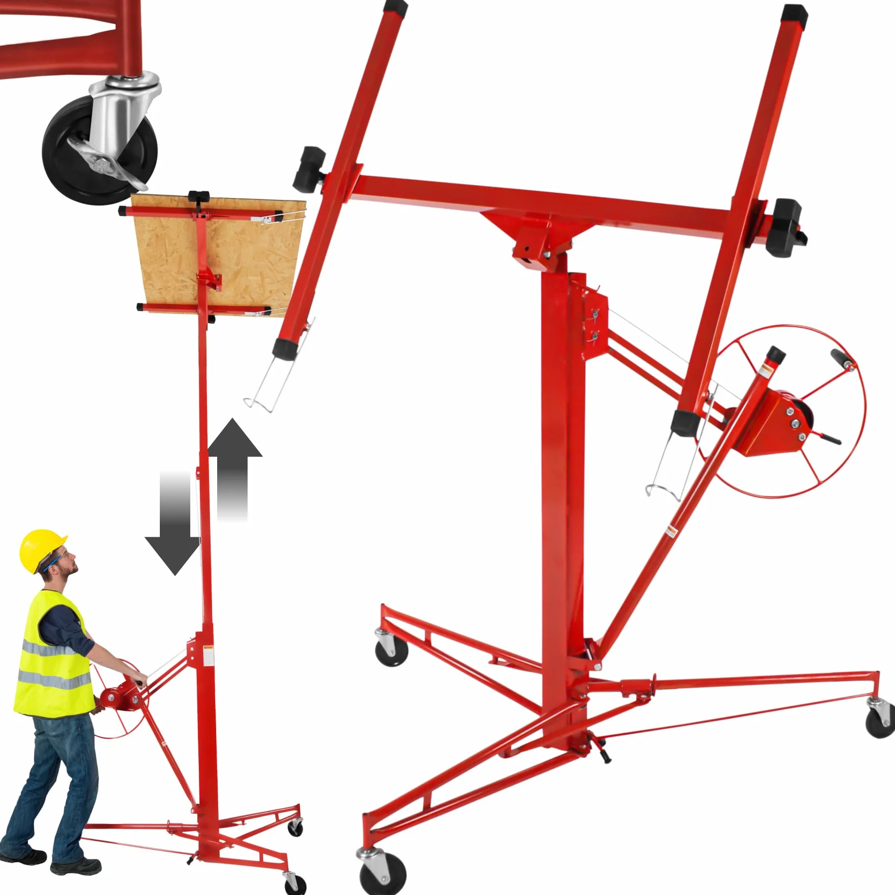 TecTake® Elevador Placas de Yeso, Pladur Profesional, Herramientas para Pladur, Plataforma Elevadora, Maquina de Pladur, Caballete Extensible, Planchas de Pladur, Carga 68 kg - Rojo
