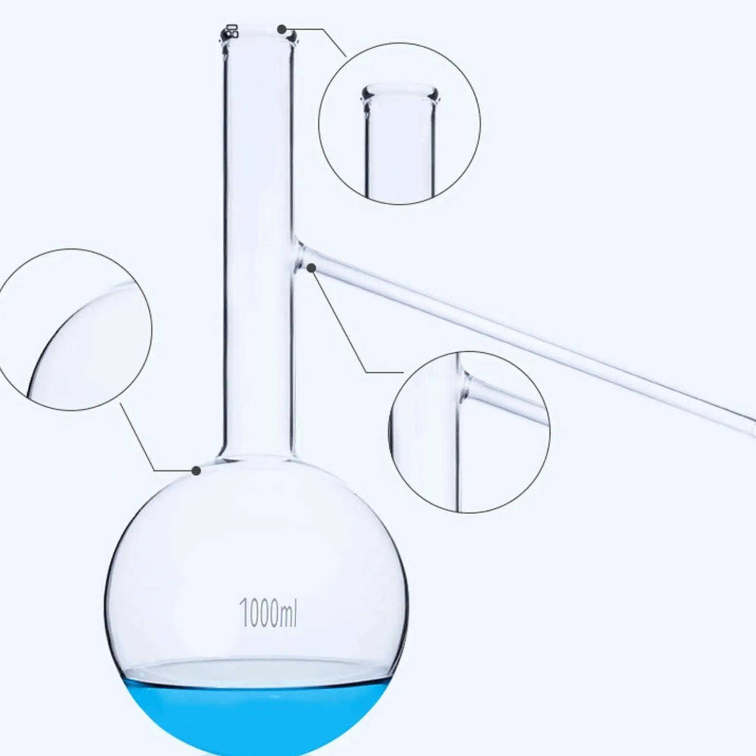 Matraz de destilación de vidrio de alto borosilicato, fondo redondo con tubo de rama, experimento químico labrotario, 60, 125, 250, 500ml(500ml 2 PCS)
