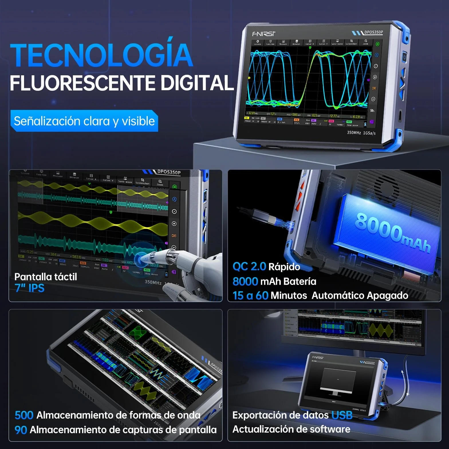 FNIRSI DPOS350P Osciloscopio de Tableta 4 en 1 de 350 MHz, Analizador de Espectro de 200 KHz~350 MHz, Analizador de Respuesta de Frecuencia y Generador DDS, Osciloscopio Portátil de 2CH y 1 GSa/s