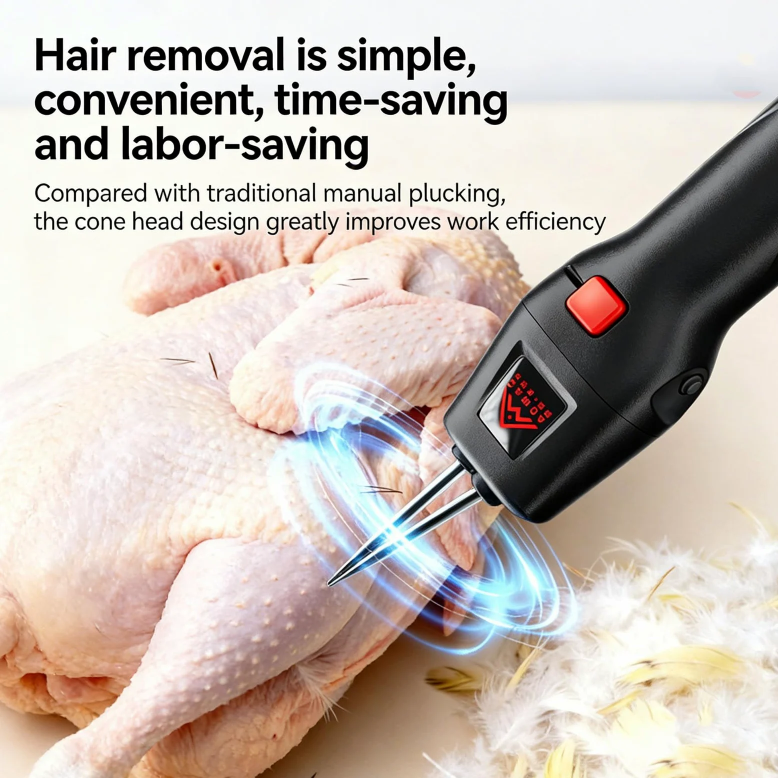 Máquina eléctrica de plumas de aves de corral, diseño de mano con cabezal desmontable y ajuste automático de cono para procesamiento de pollo, pato y ganso