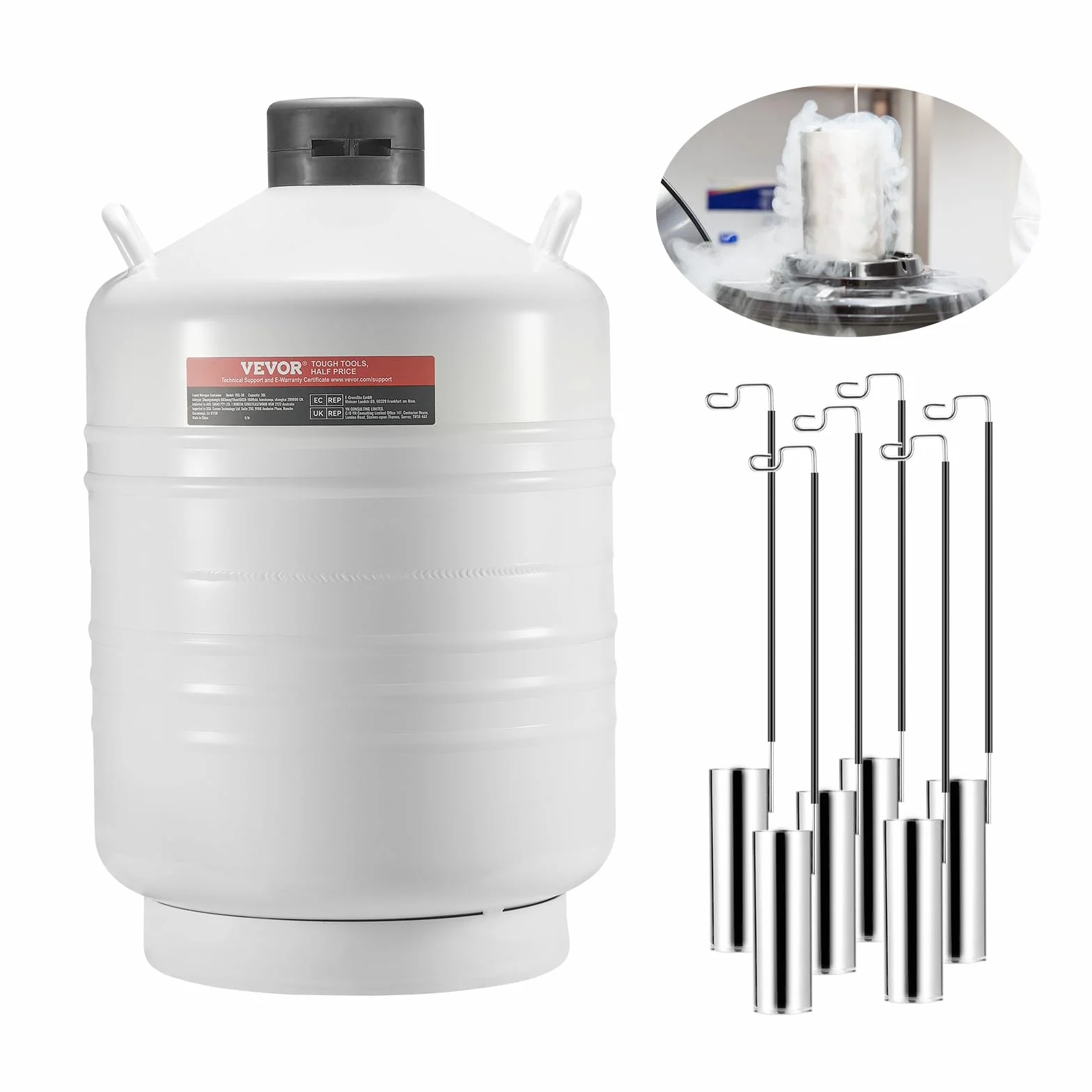 VEVOR Tanque de Nitrógeno Líquido 30 L, Contenedor de Aleación de Aluminio con 6 Botes y Bolsa de Transporte