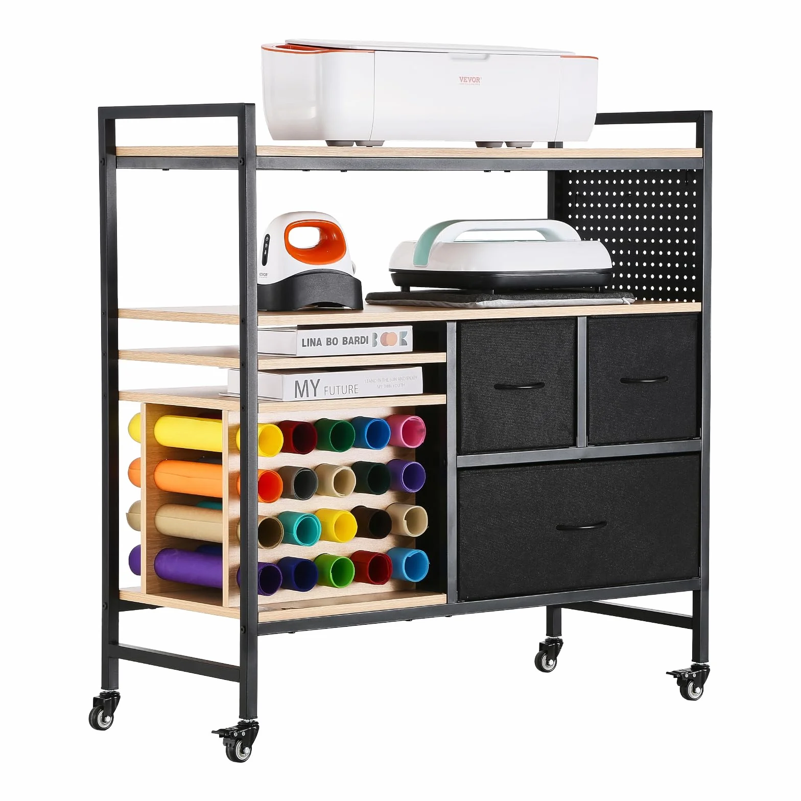 VEVOR Carrito de Manualidades con Ruedas y Mesa de Almacenamiento, Mesa Cricut Plegable con Lados Plegables, 20 Soportes para Rollos de Vinilo y 3 Cajones, Compatible con Máquinas Cricut, Negro