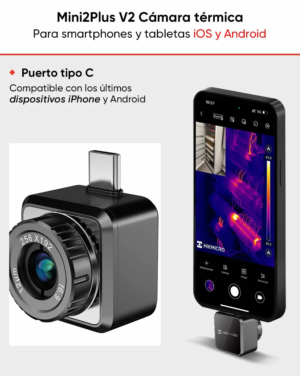 HIKMICRO Mini2Plus V2 Cámara Térmica para USB-C iOS/Android, Resolución IR 256×192, SuperIR 512×384, Lente de Enfoque Ajustable, para Teléfono/Tablet, Compatible con los últimos modelos de iPhone