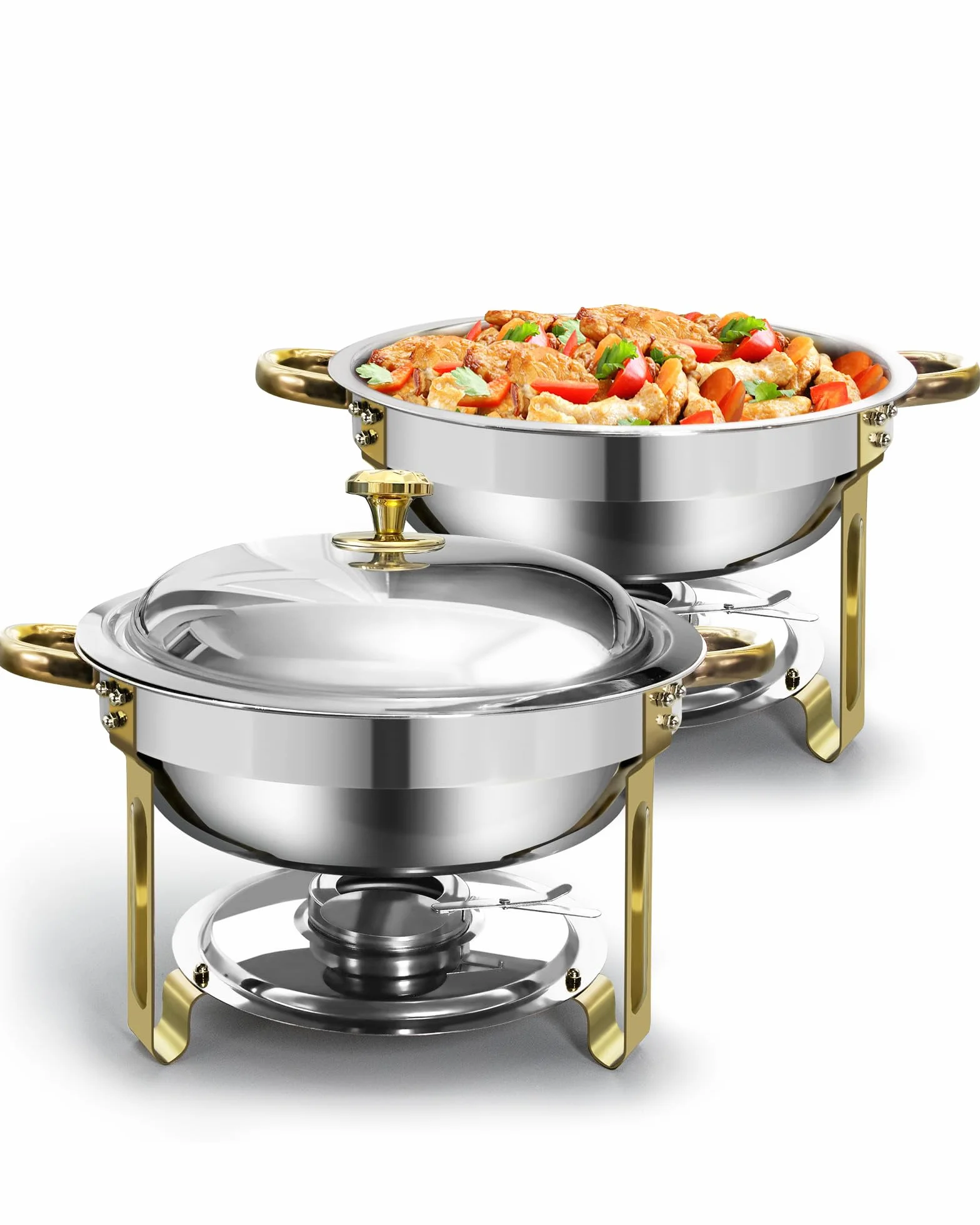 Chafing Dish Buffet Set 6L 2 Unidades Fuentes Redondas de Acero Inoxidable Oro y Plata con Porta Tapas