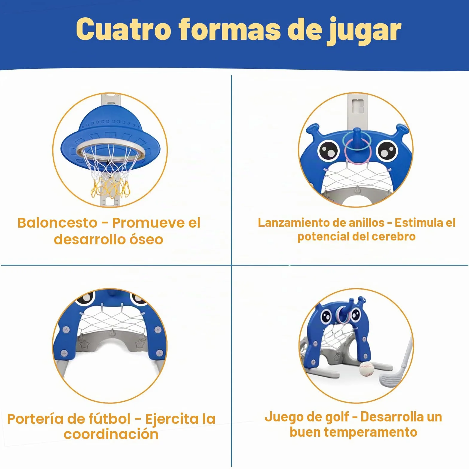 Canasta de Baloncesto para Niños 4 en 1 Regulable en Altura con Juego de Golf, Fútbol y Portería Azul