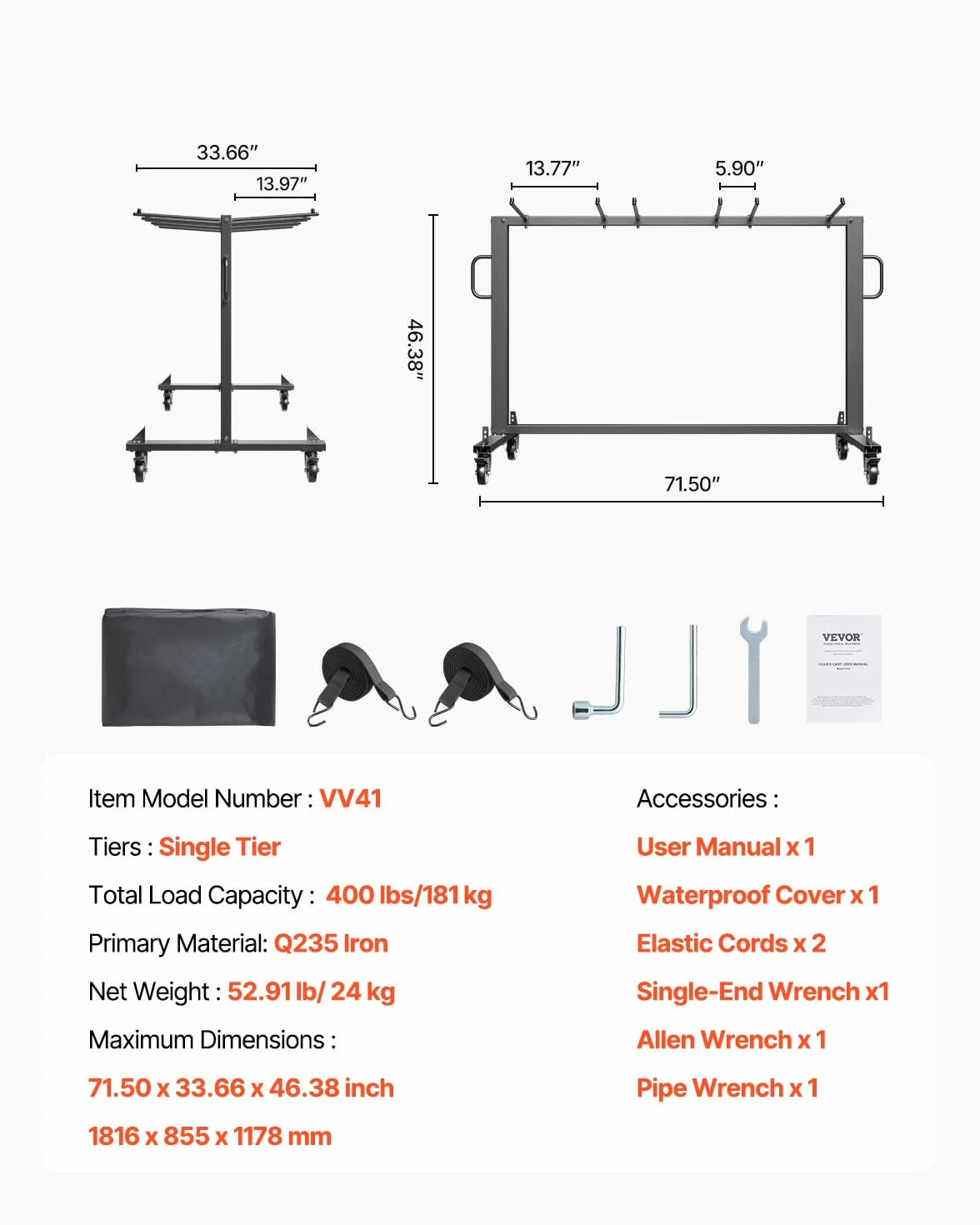 VEVOR Estante para Sillas Plegable, Capacidad de 181 kg, Carrito Resistente para 42 Sillas o 12 Mesas, Carrito de Almacenamiento Multifunción para Sillas con Ruedas de Goma y Soportes, Negro Mate