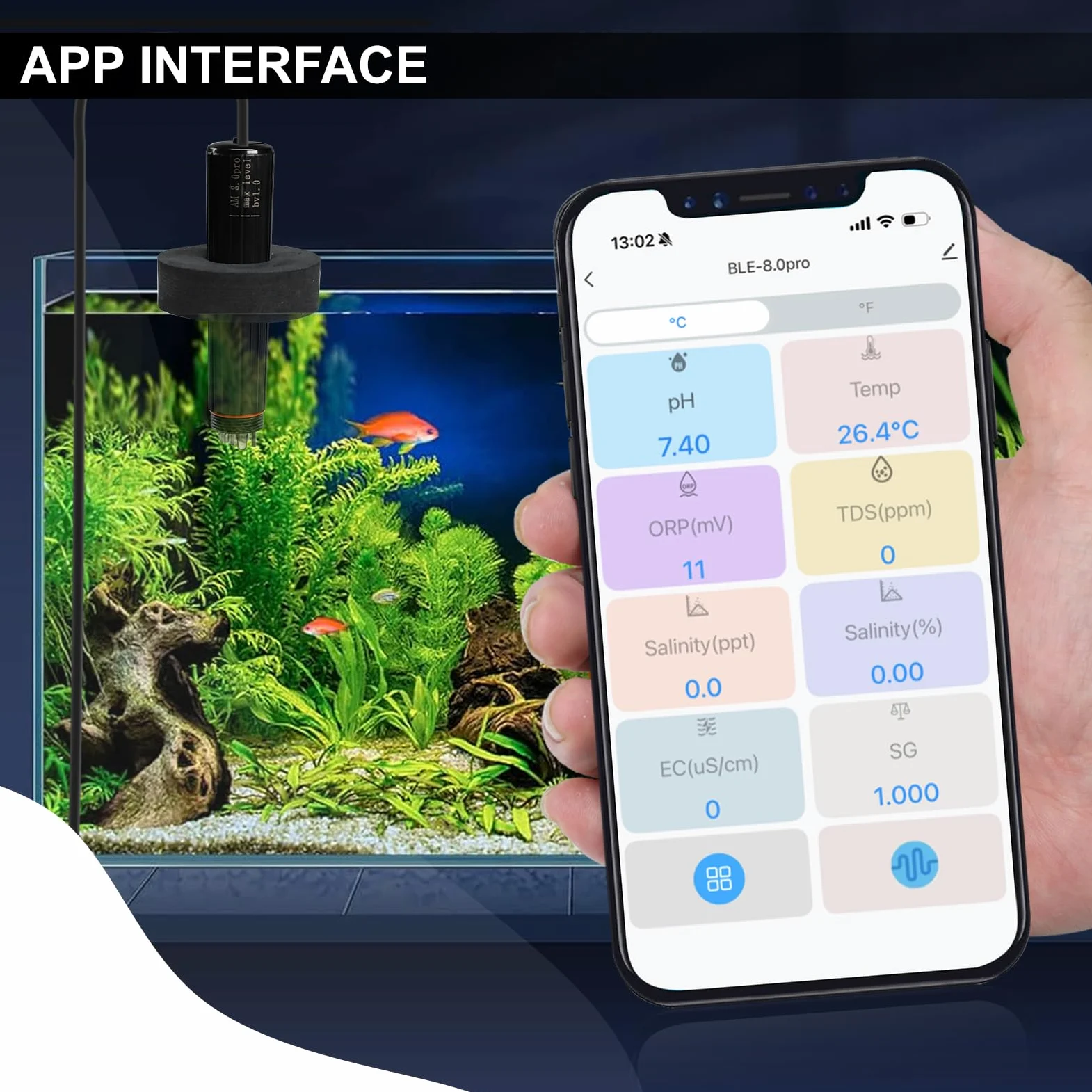 Probador de calidad del agua 7 en 1 WiFi sonda de acuario monitor de agua para pH, temperatura, TDS, salinidad, EC, ORP, S.G con alertas en tiempo real a través de la aplicación para peceras