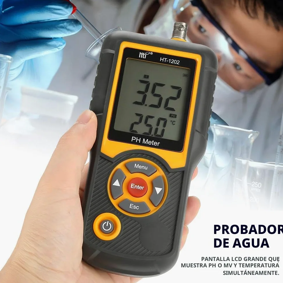 HT-1202 pHmetro,Mini PH Metro Electrónico Digital Profesional - con alta precisión de medición y con grandes pantallas LCD muestran simultáneamente PH o mV y temperatura