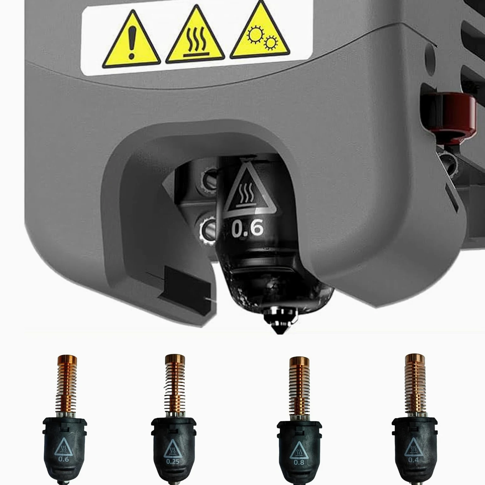 Boquilla de impresora 3D para AD5M 5M 280 ℃ y velocidad de impresión rápida 0, 25/0, 4/0, 6/0, 8 mm boquilla de extrusión
