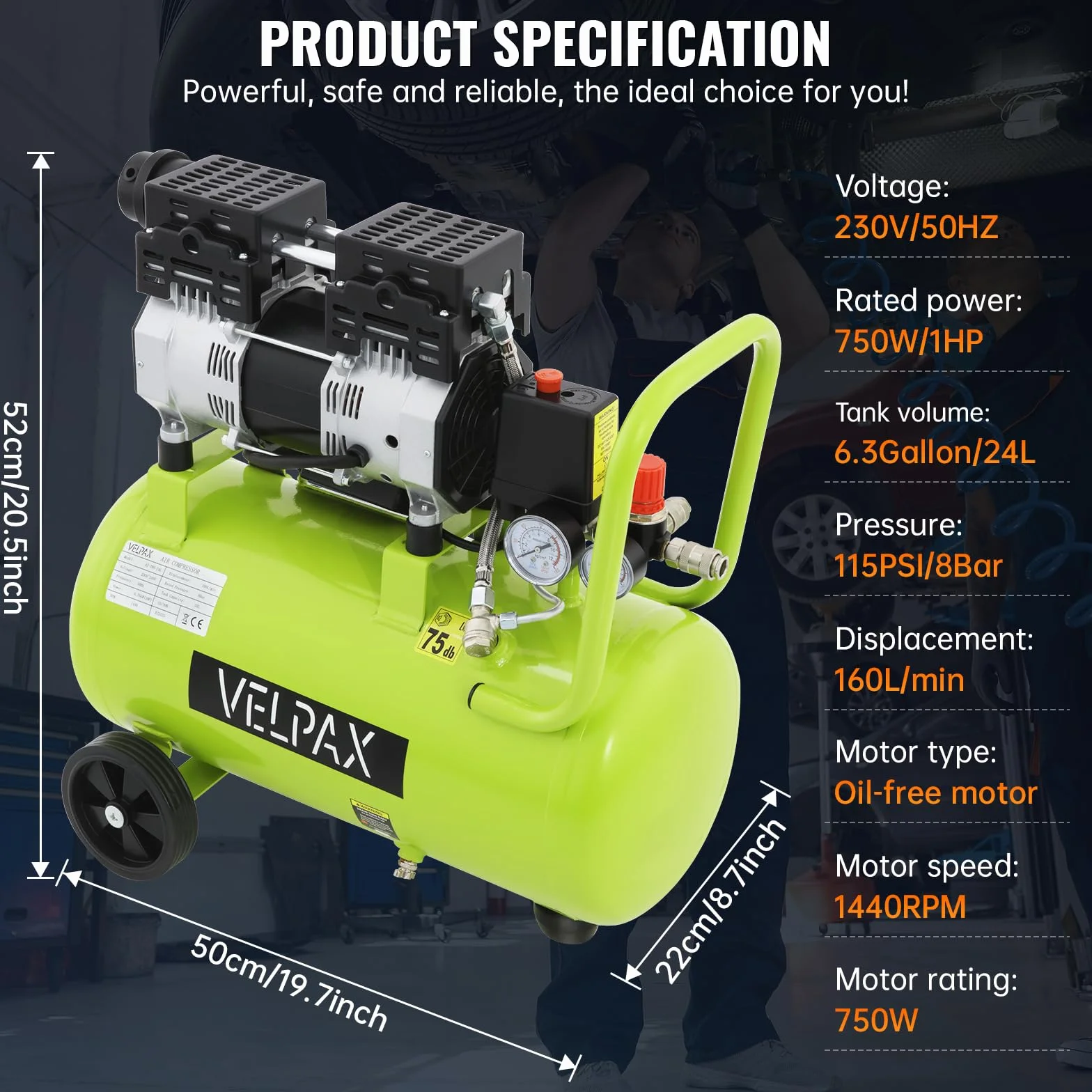Compresor de Aire Sin Aceite 1 HP 24L , 160 L/Min, 75 dB Nivel Sonoro Bajo, Compresor Silencioso Raffreddamento rápido, Compresor Sin Aceite Presión Regulable para Coche y Pintura