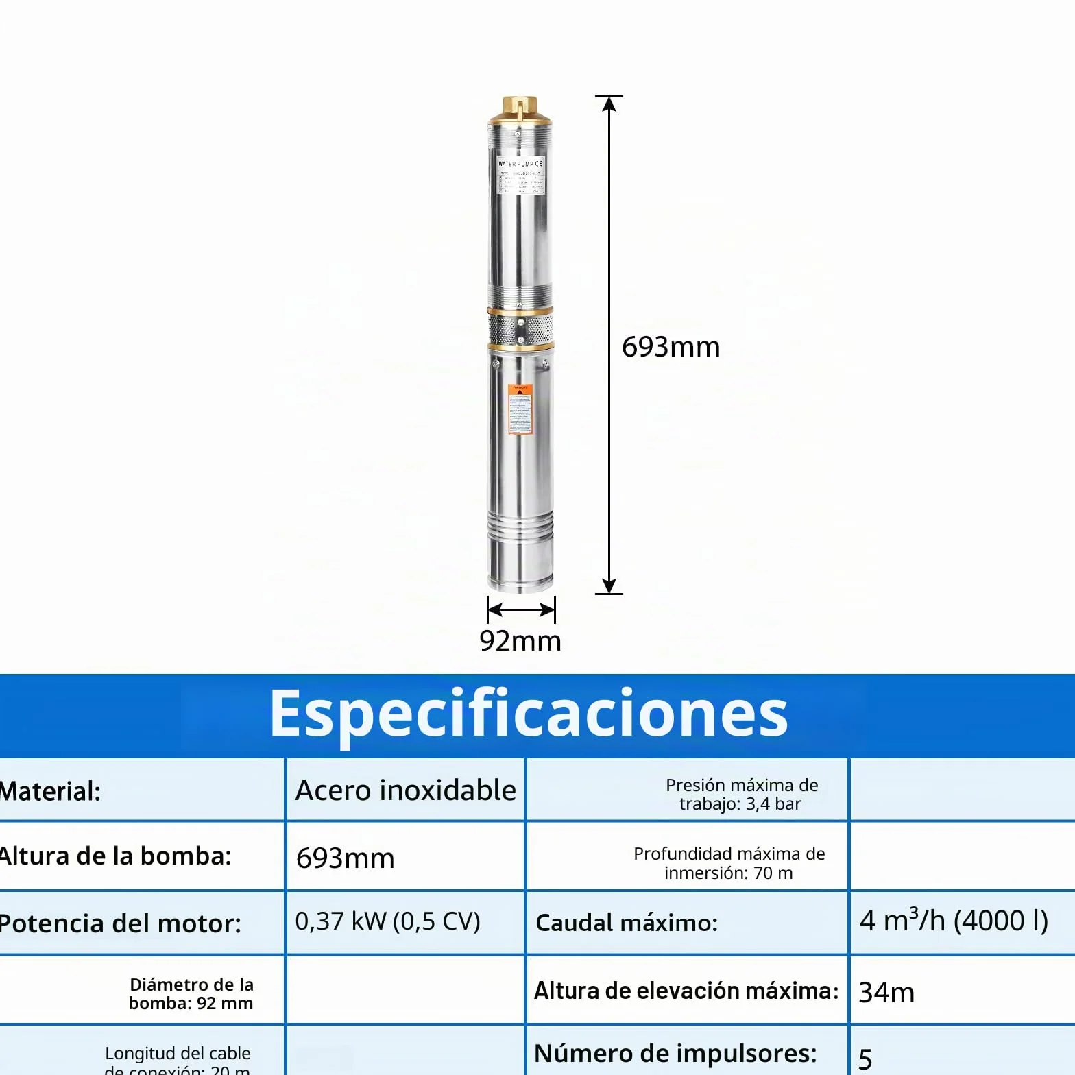 UISEBRT Bomba para pozos profundos, 4 pulgadas, 0,37 kW, acero inoxidable, compatible con arena, capacidad de extracción de hasta 4.000 l/h, bomba sumergible de 92 mm de diámetro