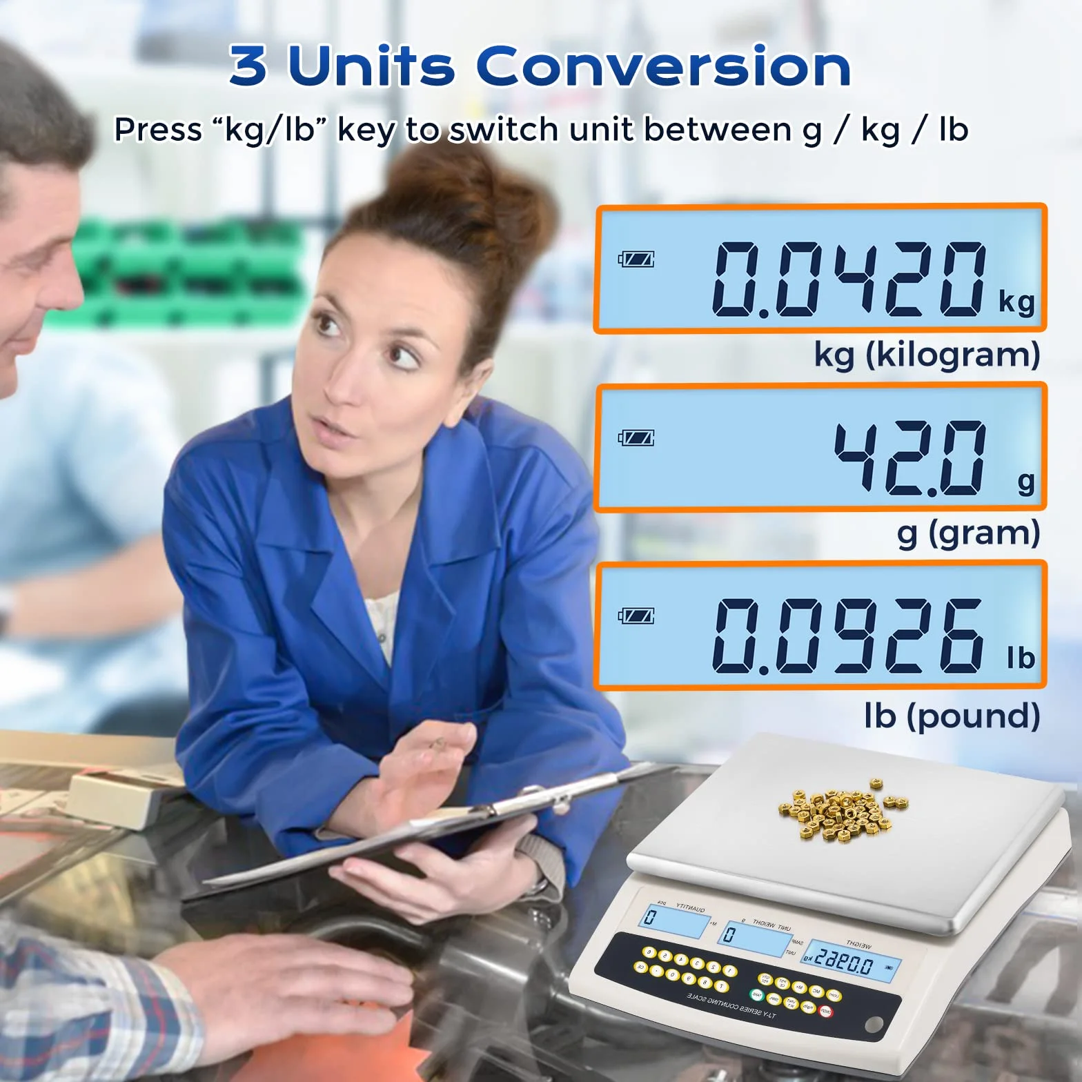Bonvoisin Báscula Cuentapiezas Digital 30 kg x 1 g | Báscula Industrial de Alta Precisión Todo en Uno con Tara, Conteo y Alarma | Salida de Datos RS232 y Batería Recargable | Para Piezas y Monedas